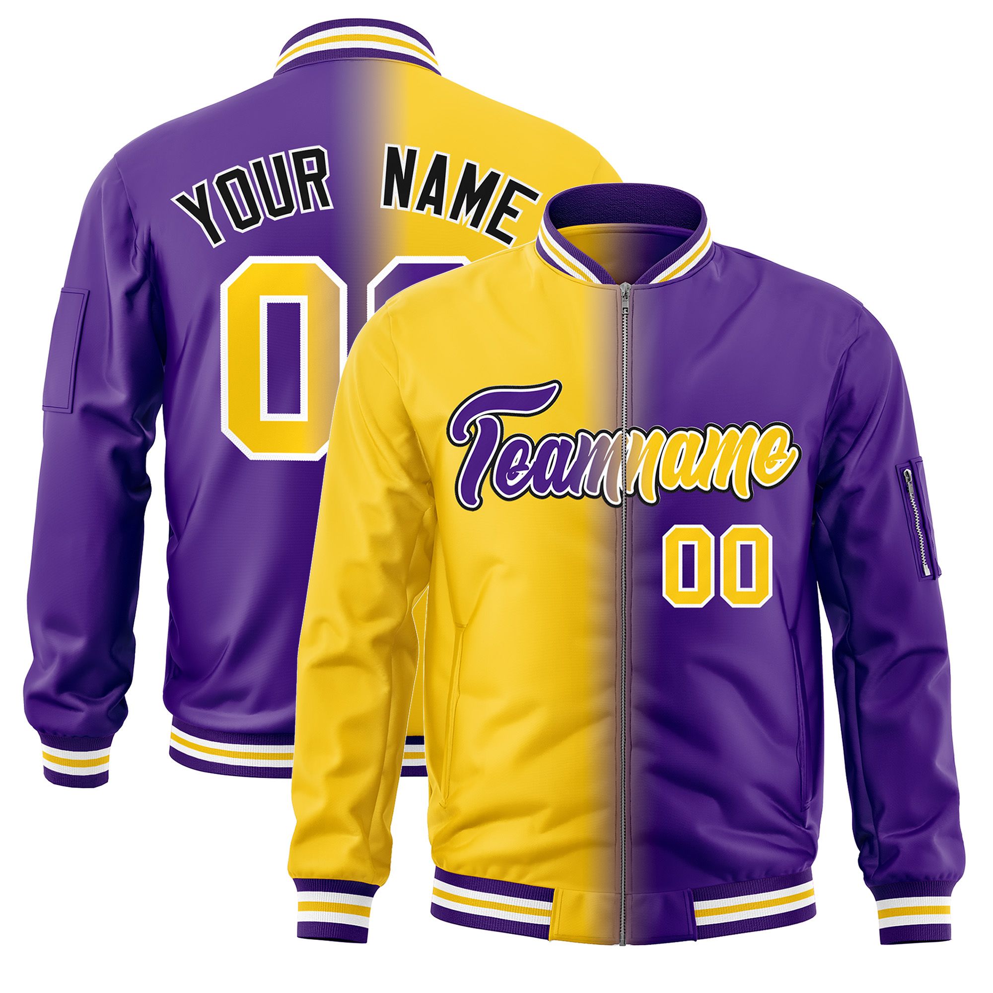 Custom Gold Purple Full-Zip Gradient Fashion Letterman Bomber Jacket