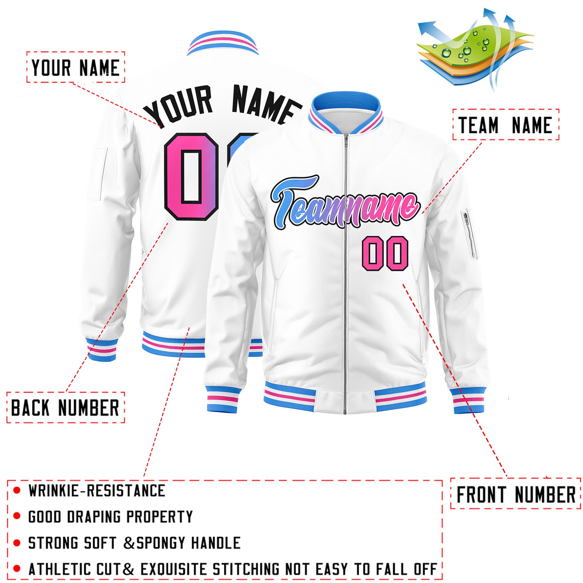 Custom White  Full-Zip Gradient Fashion Letterman Bomber Jacket