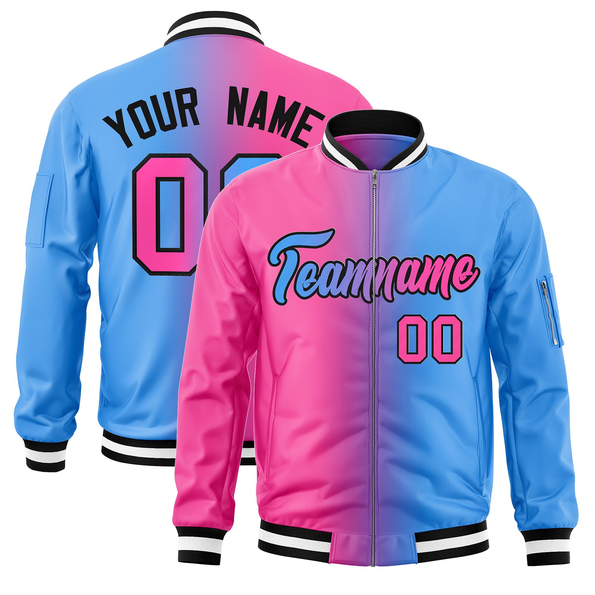 Custom Pink Powder Blue Full-Zip Gradient Fashion Letterman Bomber Jacket