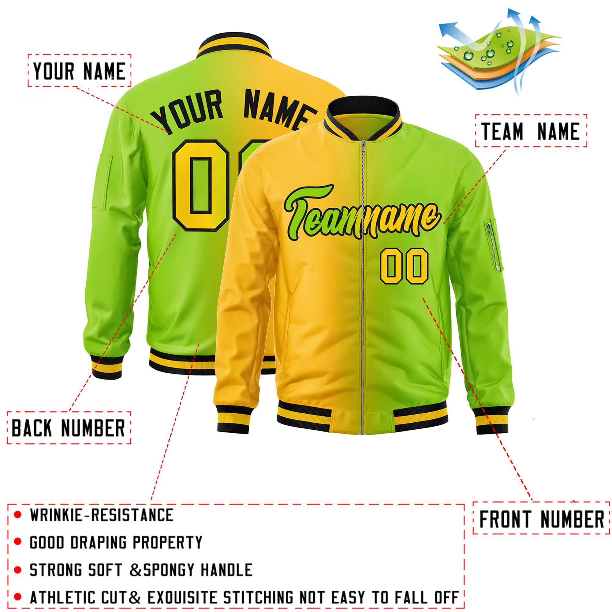 Custom Neon Green Gold Full-Zip Gradient Fashion Letterman Bomber Jacket