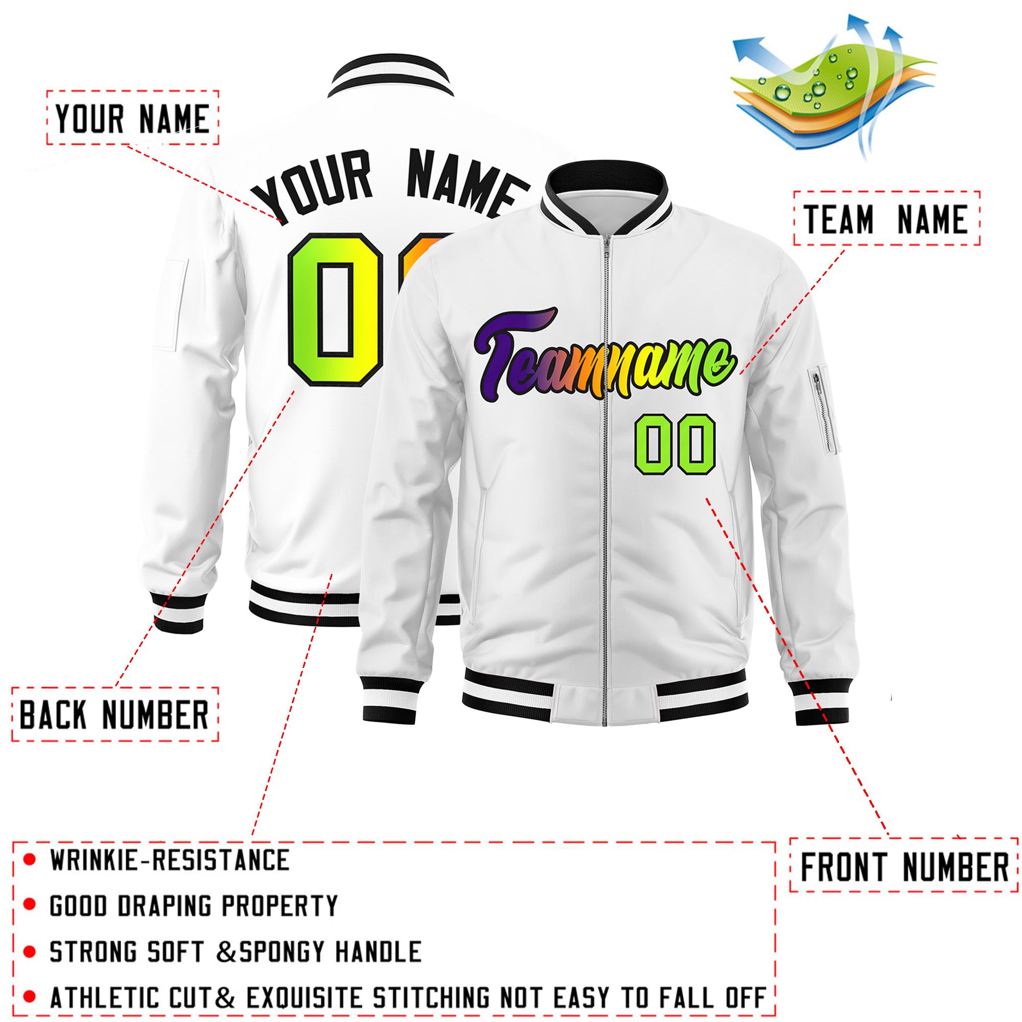 Custom White  Full-Zip Gradient Fashion Letterman Bomber Jacket