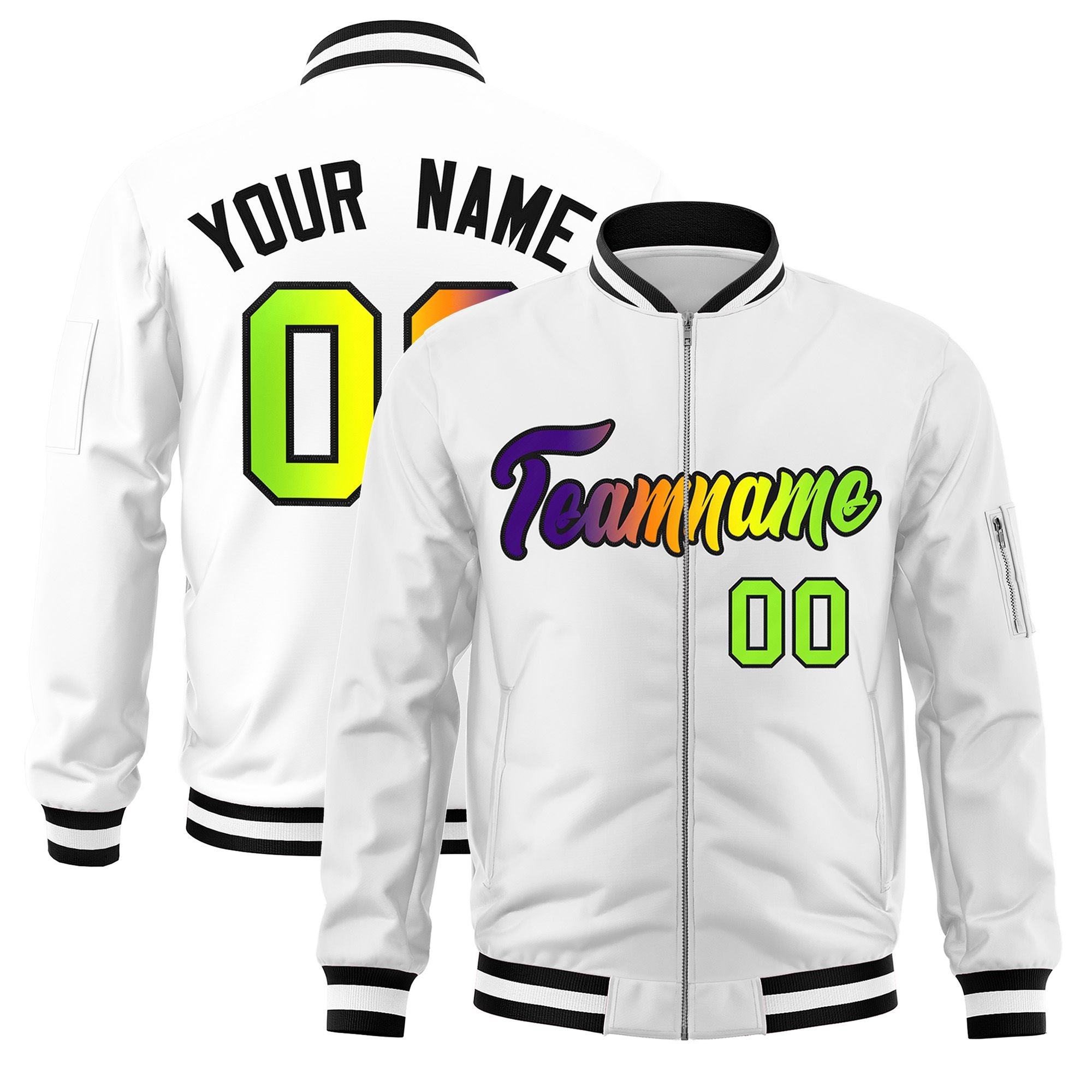 Custom White  Full-Zip Gradient Fashion Letterman Bomber Jacket