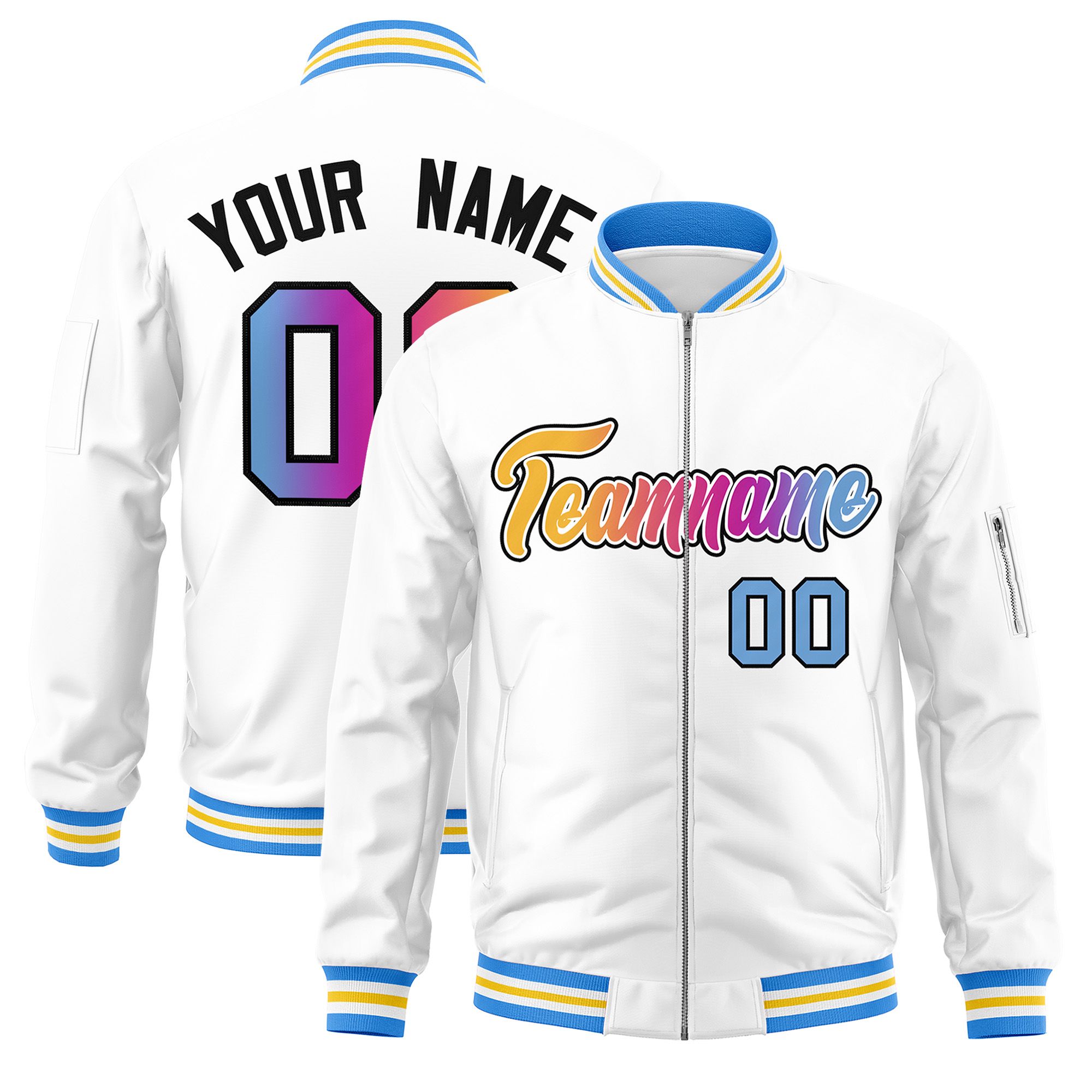 Custom White  Full-Zip Gradient Fashion Letterman Bomber Jacket