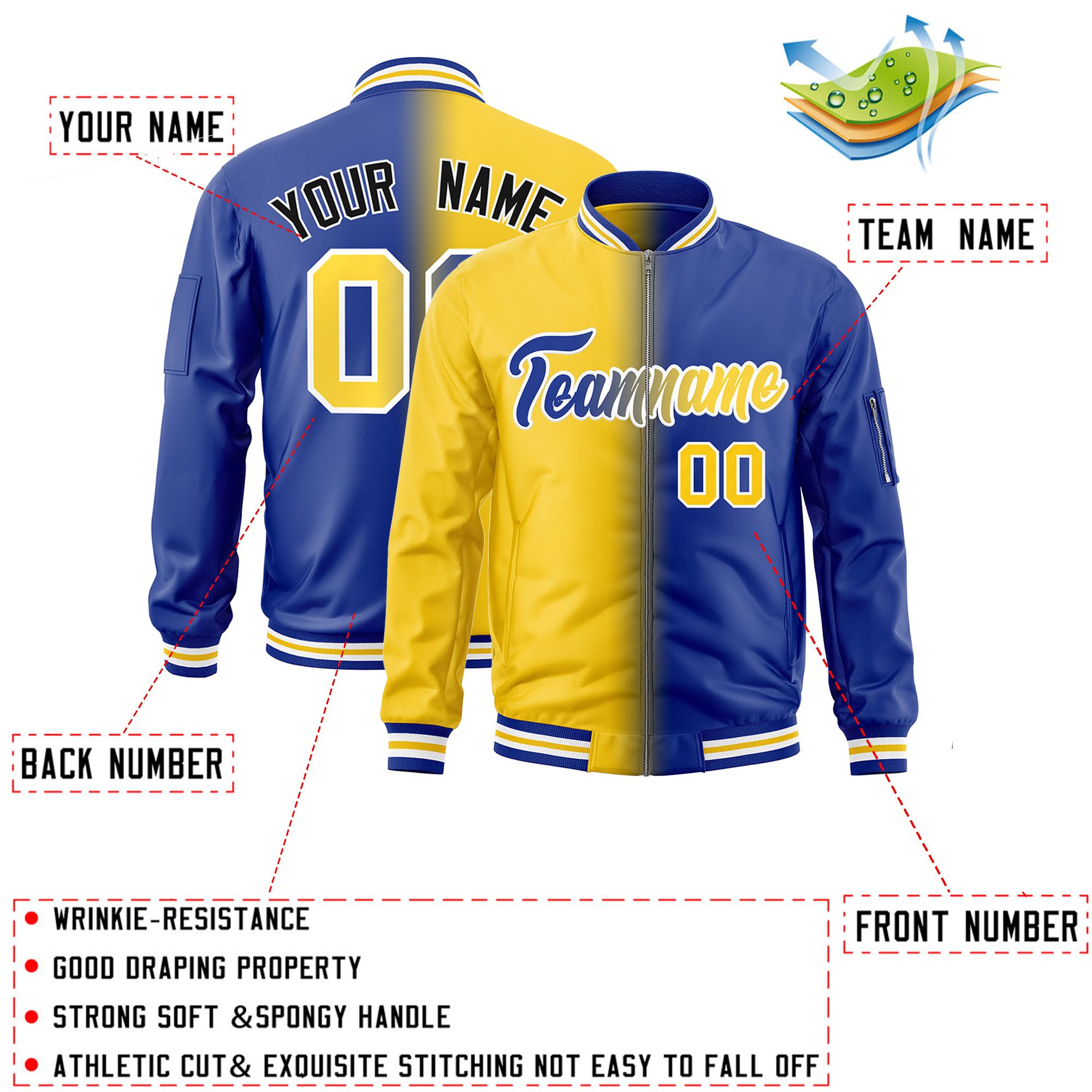 Custom Gold Royal Full-Zip Gradient Fashion Letterman Bomber Jacket