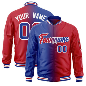 Custom Royal Red Full-Zip Gradient Fashion Letterman Bomber Jacket