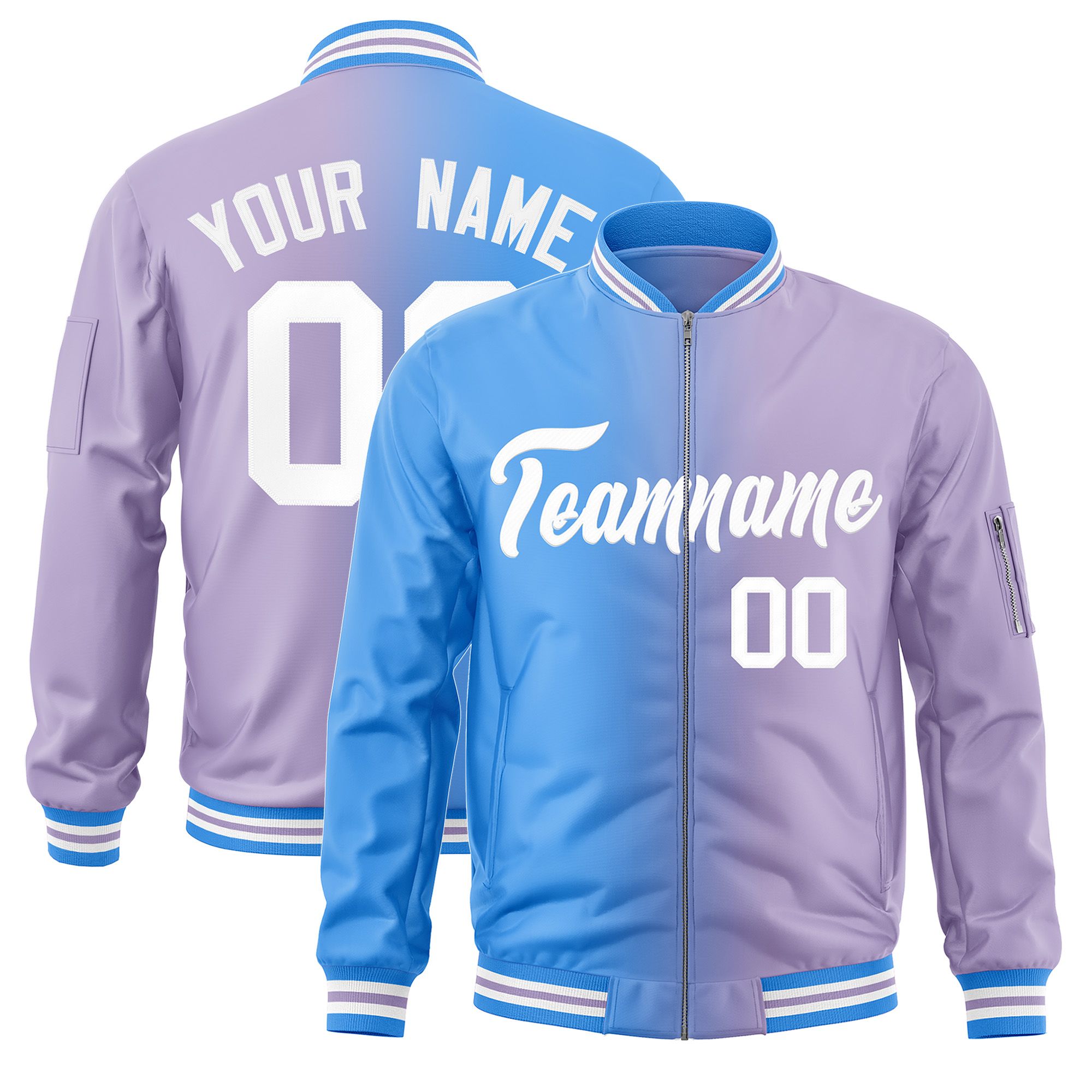 Custom Light Purple Powder Blue Full-Zip Gradient Fashion Letterman Bomber Jacket