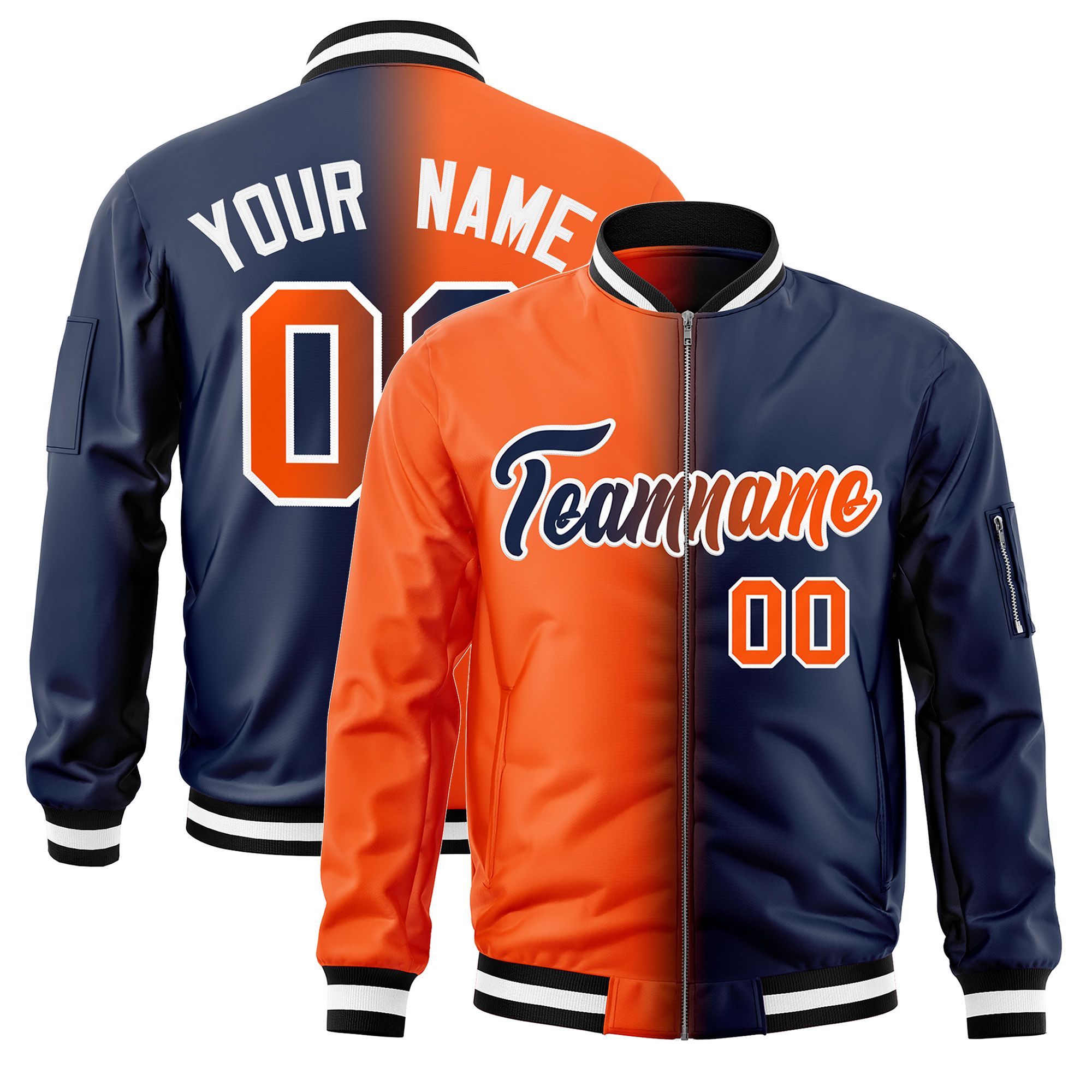 Custom Orange Navy Full-Zip Gradient Fashion Letterman Bomber Jacket