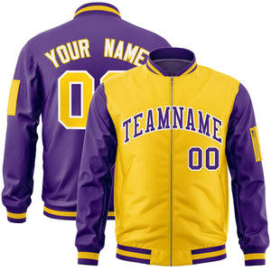 Custom Gold Purple Varsity Full-Zip Two-Tone Letterman Bomber Jacket