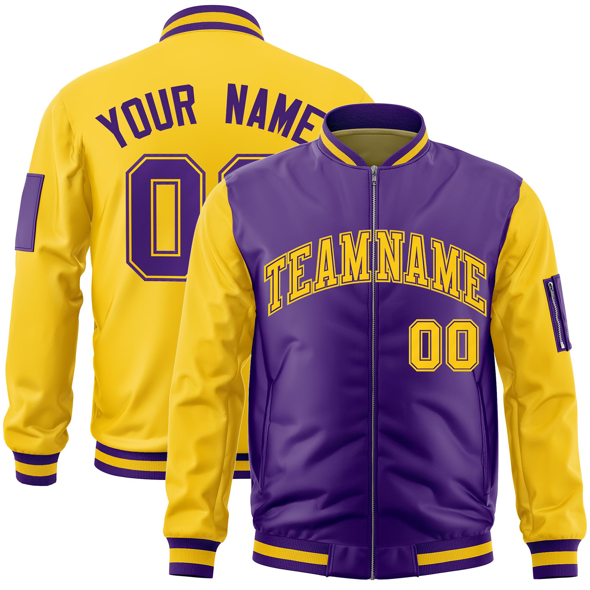 Custom Purple Gold Varsity Full-Zip Two-Tone Letterman Bomber Jacket