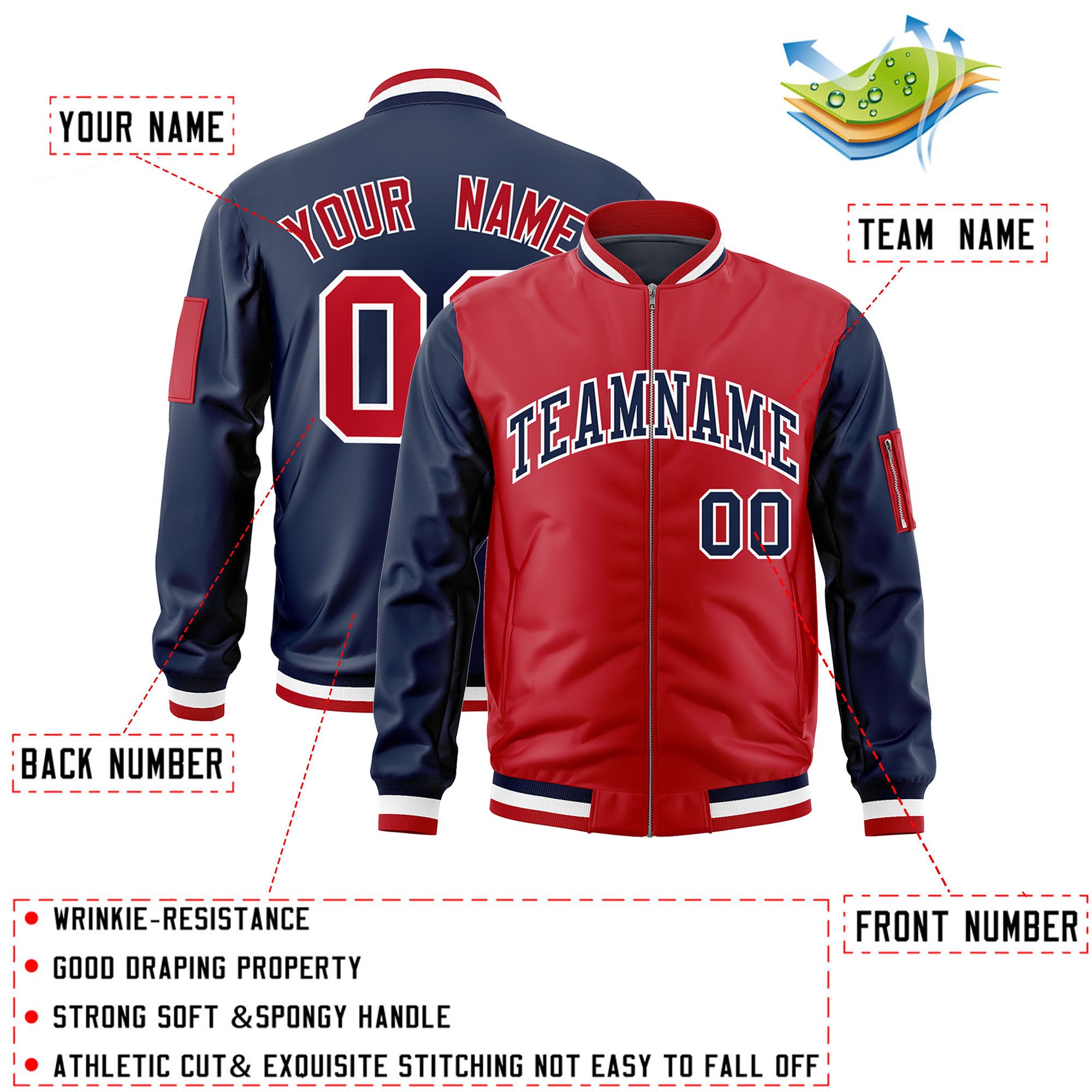 Custom Red Navy Varsity Full-Zip Two-Tone Letterman Bomber Jacket