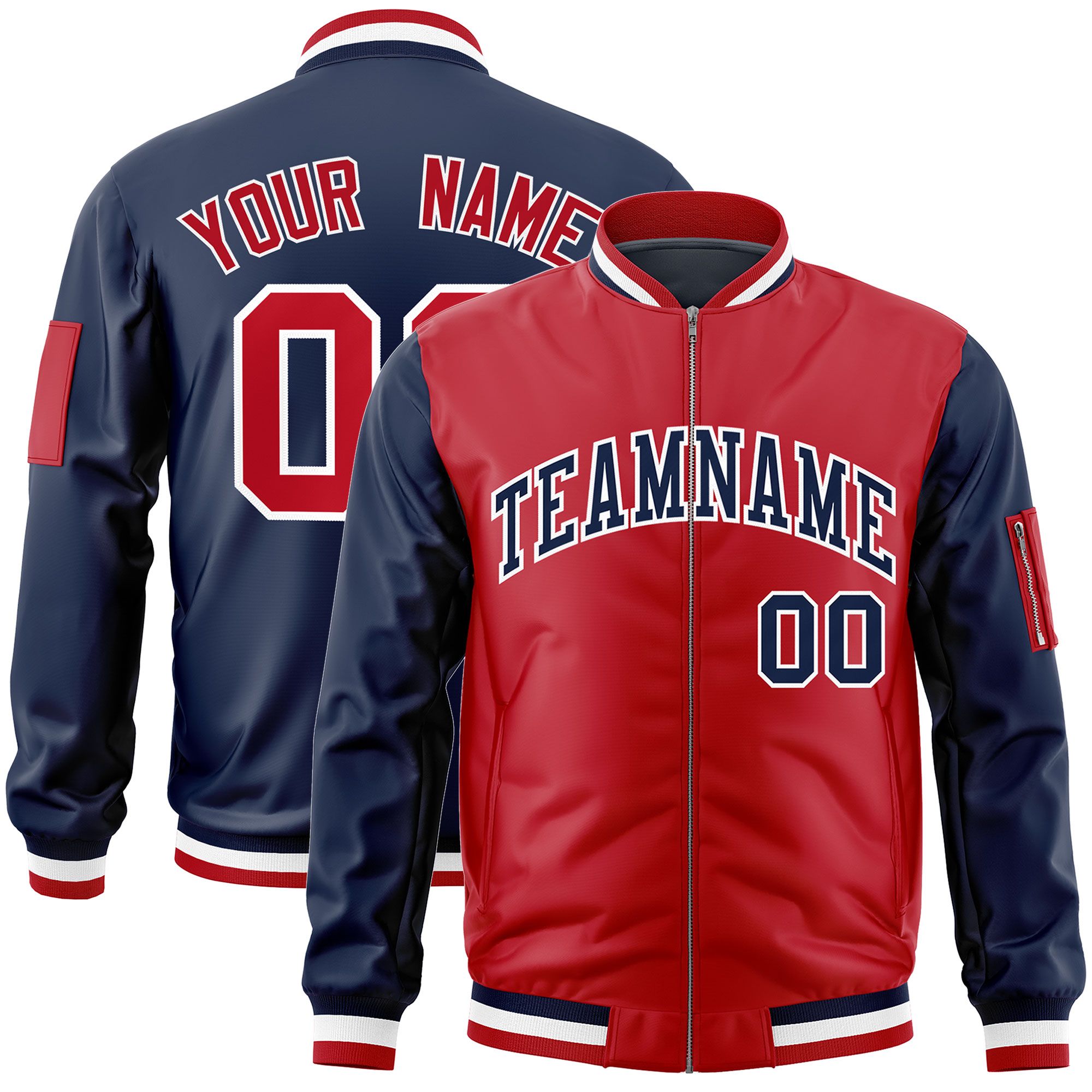 Custom Red Navy Varsity Full-Zip Two-Tone Letterman Bomber Jacket