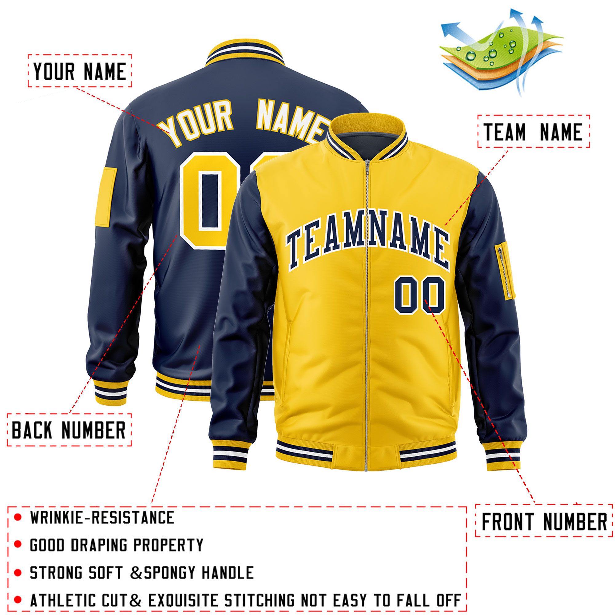 Custom Gold Navy Varsity Full-Zip Two-Tone Letterman Bomber Jacket