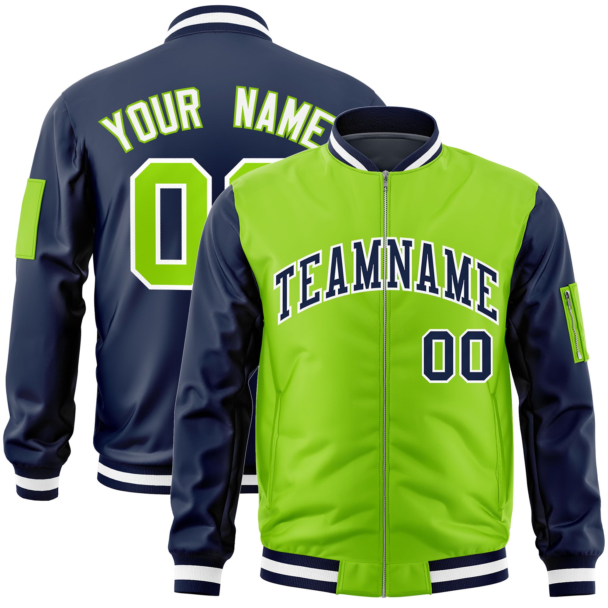 Custom Neon Green Navy Varsity Full-Zip Two-Tone Letterman Bomber Jacket