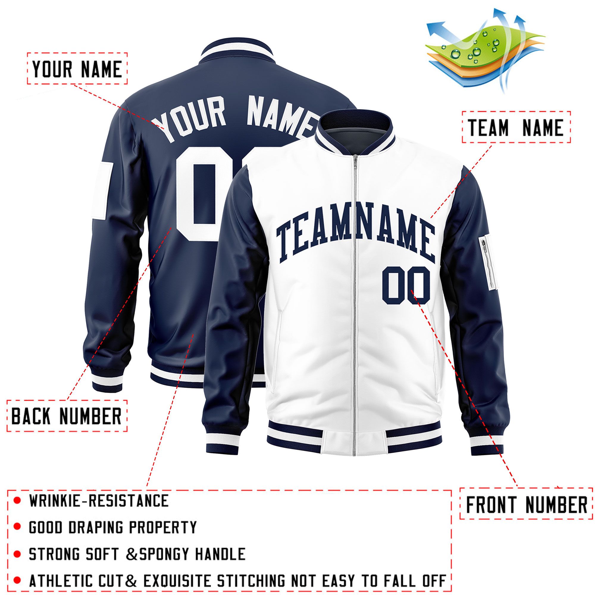 Custom White Navy Varsity Full-Zip Two-Tone Letterman Bomber Jacket