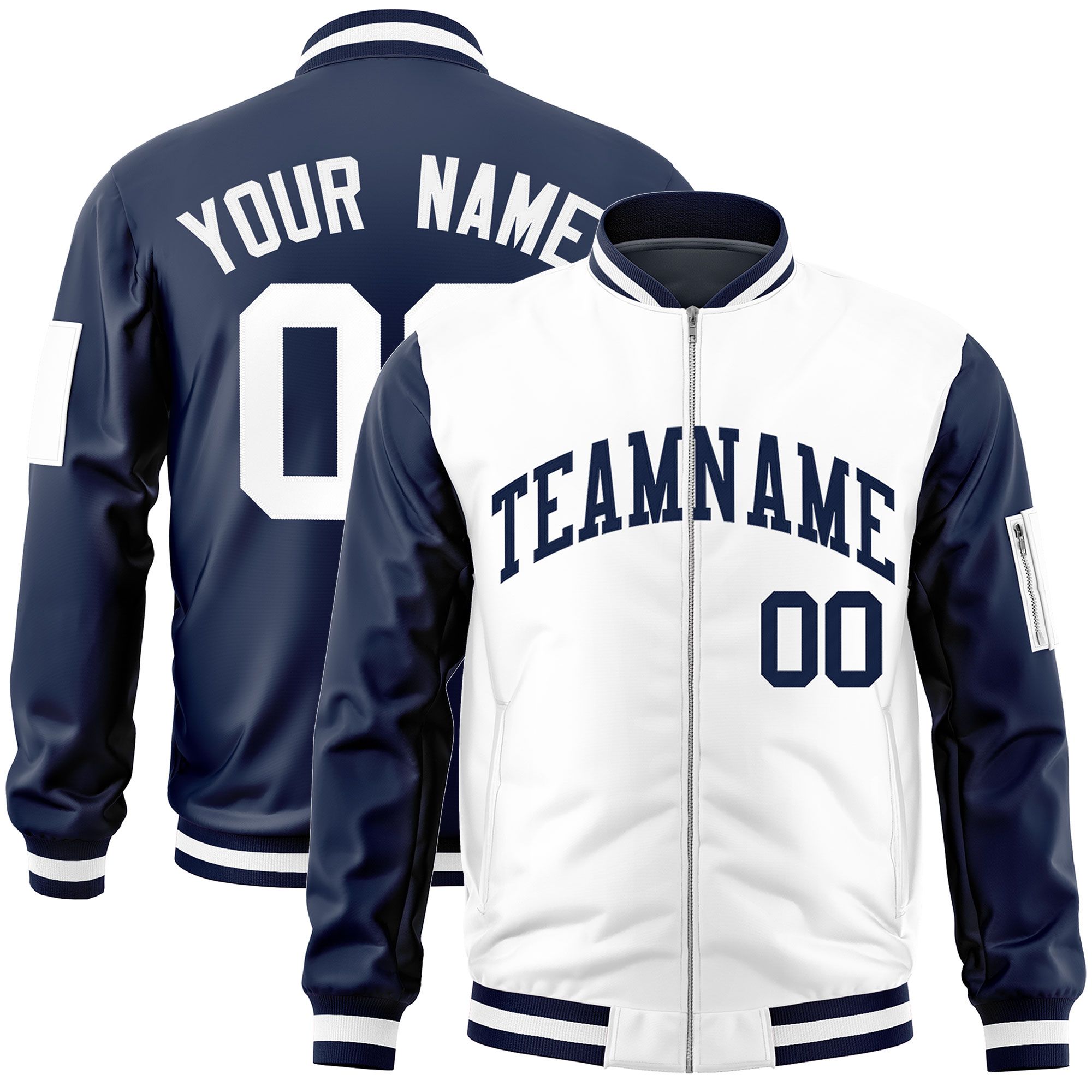 Custom White Navy Varsity Full-Zip Two-Tone Letterman Bomber Jacket