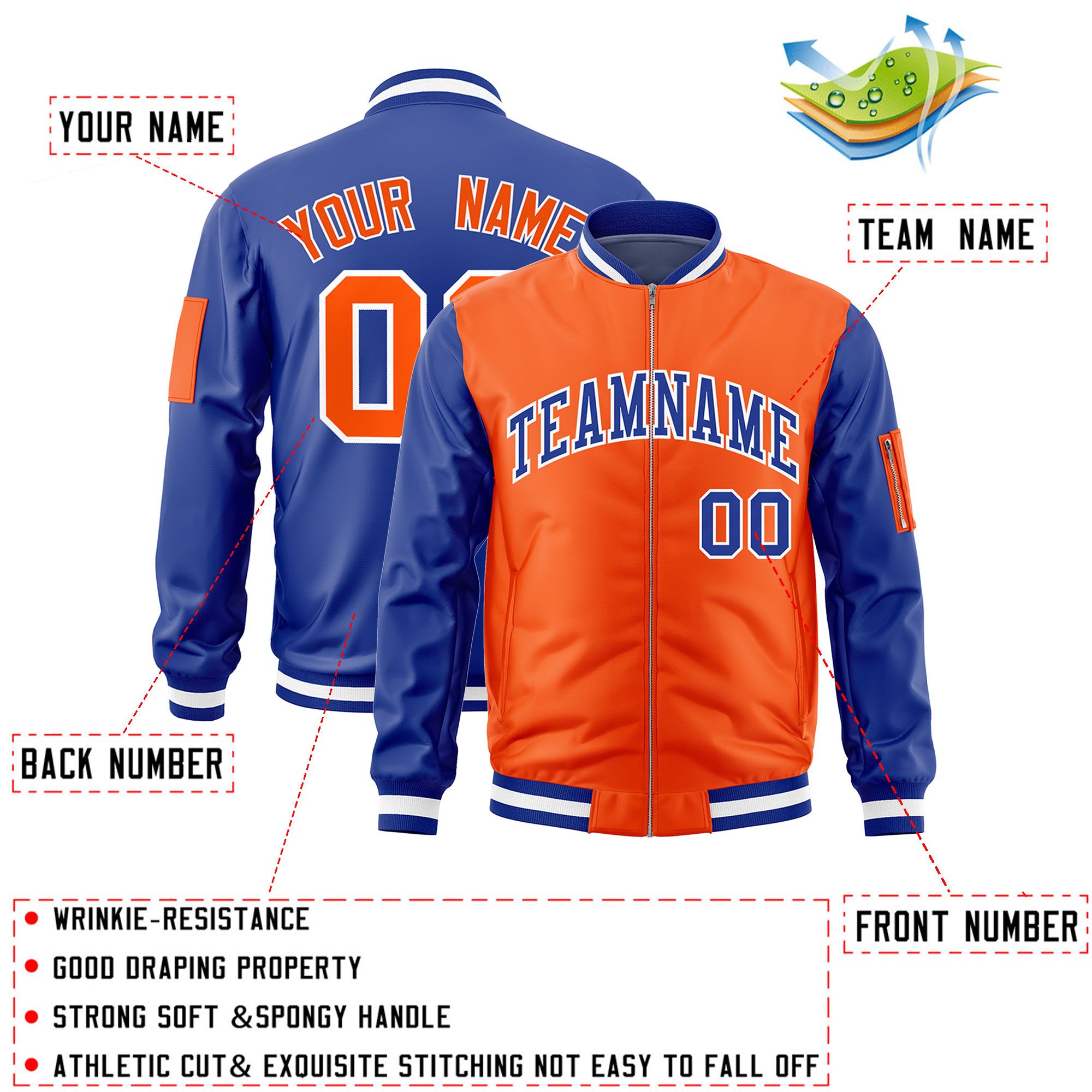 Custom Orange Royal Varsity Full-Zip Two-Tone Letterman Bomber Jacket