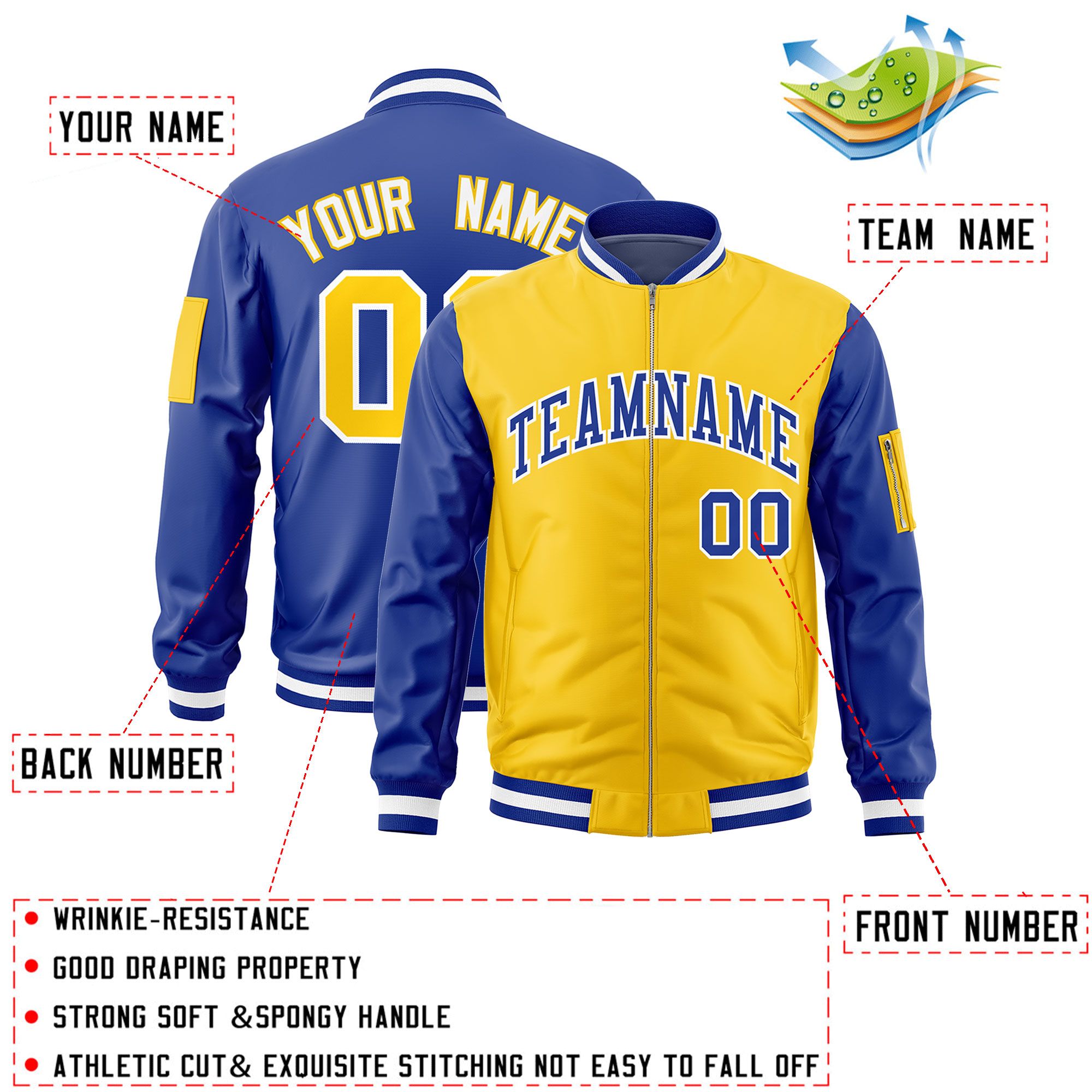 Custom Gold Royal Varsity Full-Zip Two-Tone Letterman Bomber Jacket