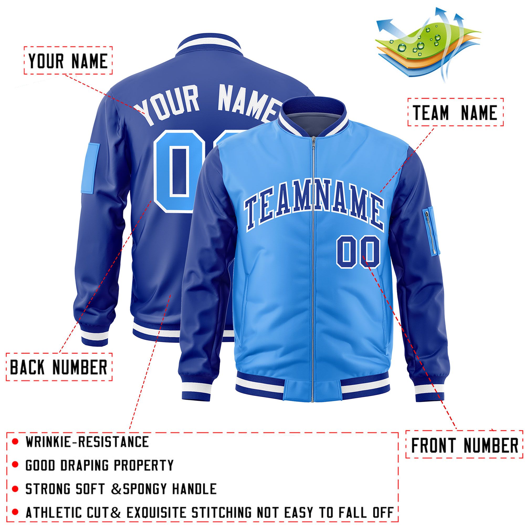 Custom Powder Blue Royal Varsity Full-Zip Two-Tone Letterman Bomber Jacket