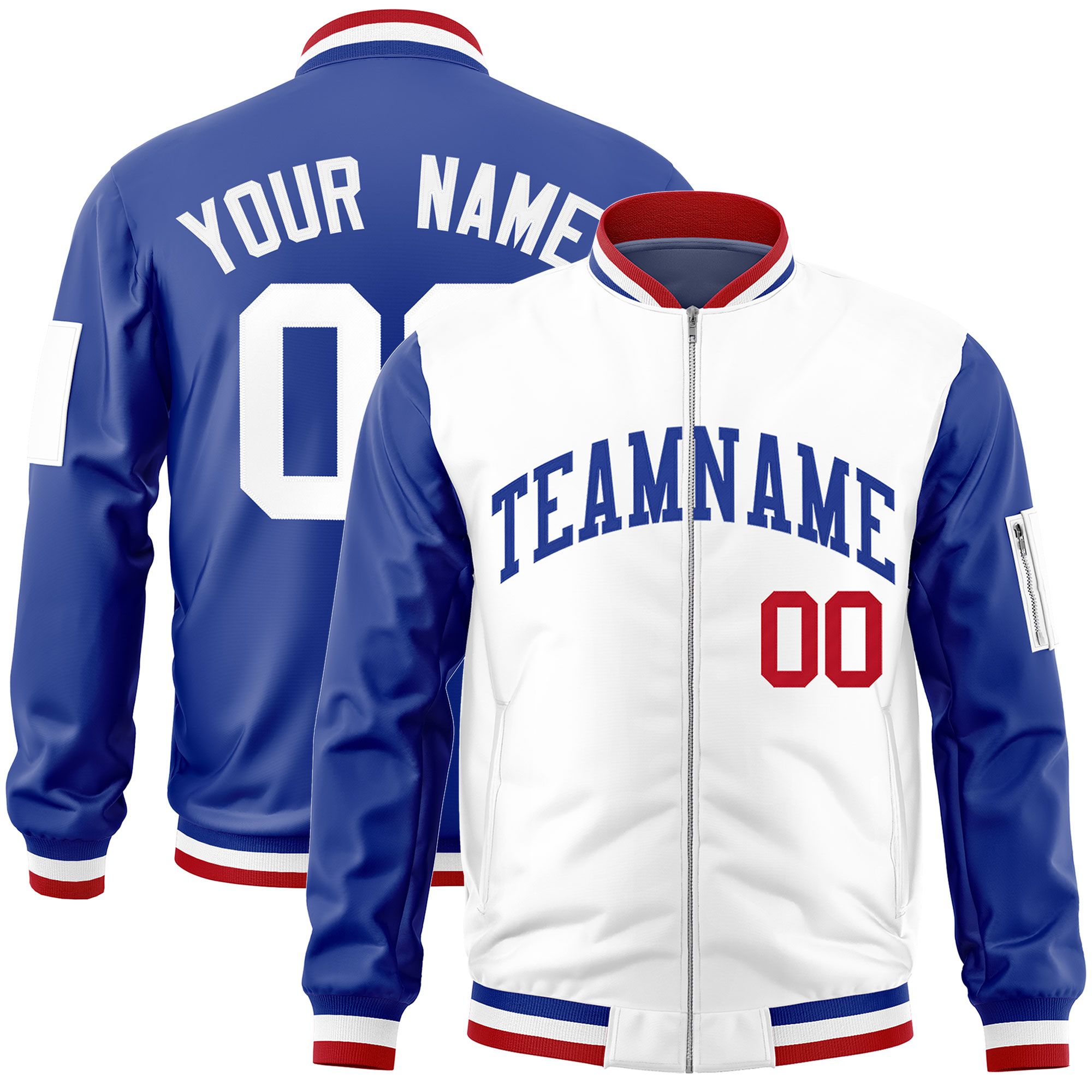 Custom White Royal Varsity Full-Zip Two-Tone Letterman Bomber Jacket