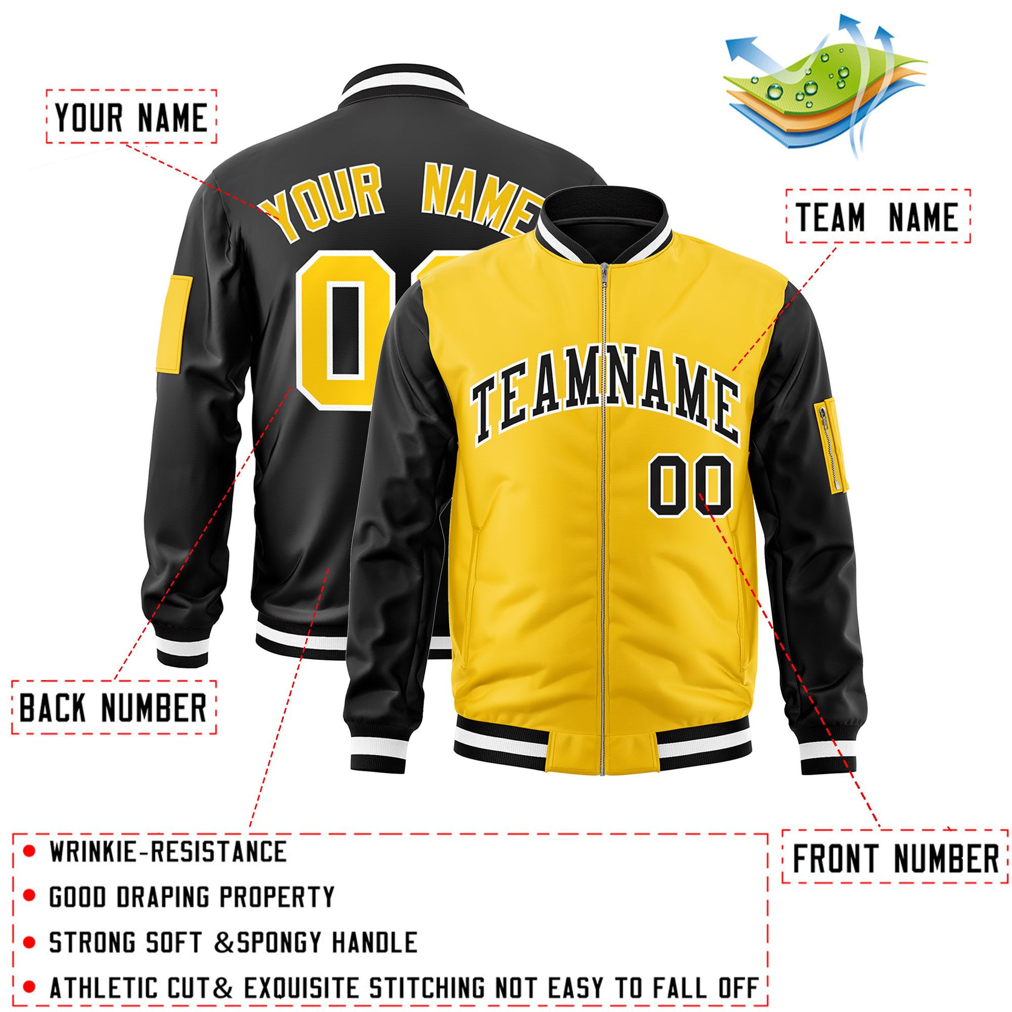 Custom Gold Black Varsity Full-Zip Two-Tone Letterman Bomber Jacket