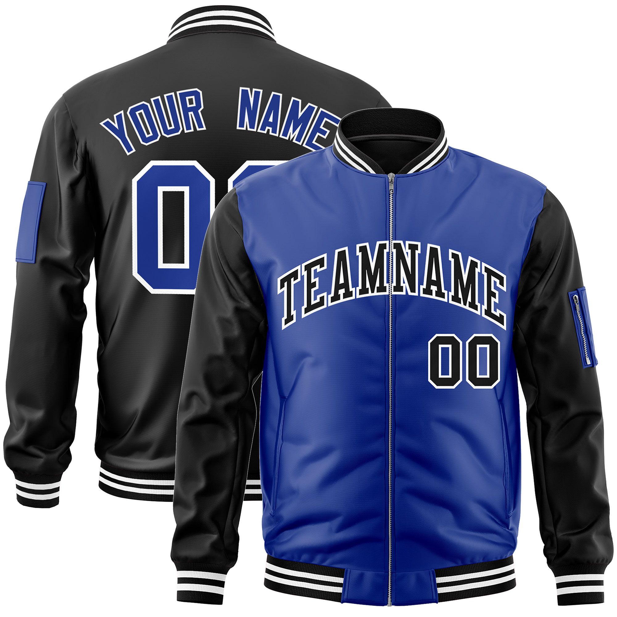 Custom Royal Black Varsity Full-Zip Two-Tone Letterman Bomber Jacket