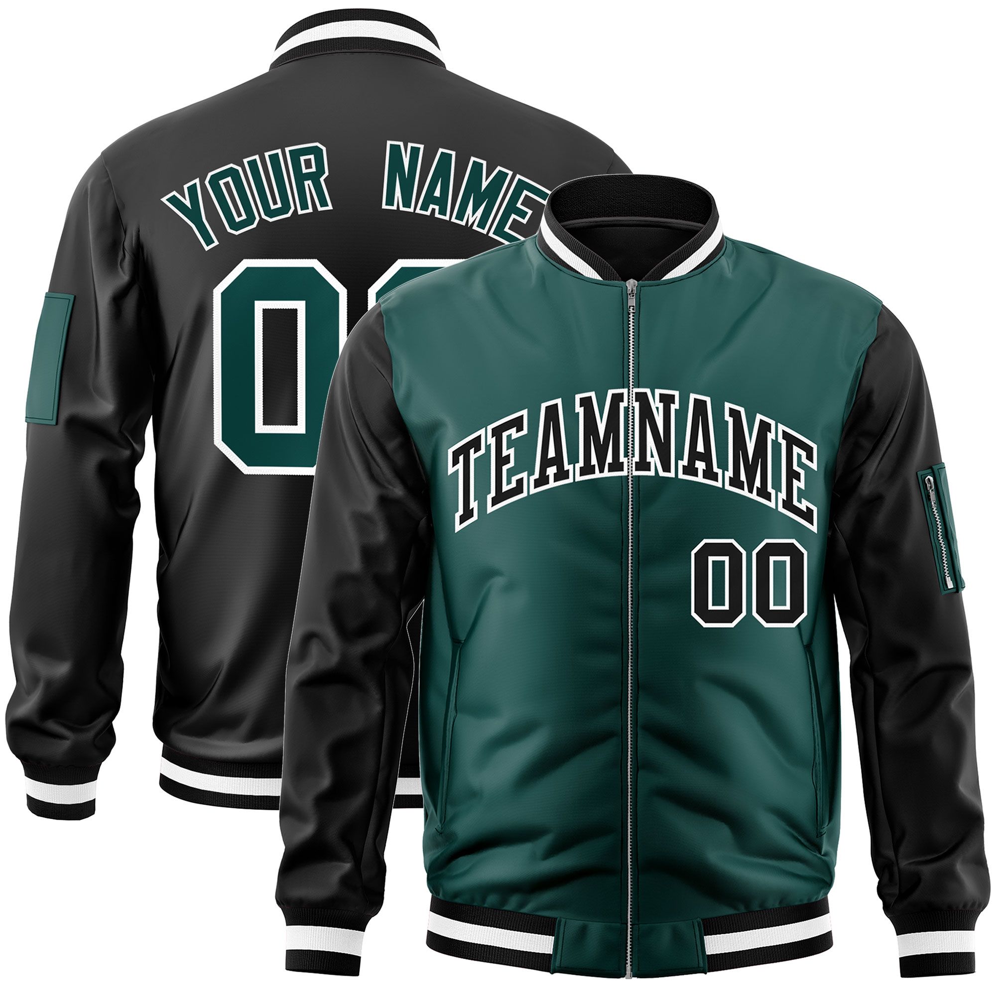 Custom Midnight Green Black Varsity Full-Zip Two-Tone Letterman Bomber Jacket