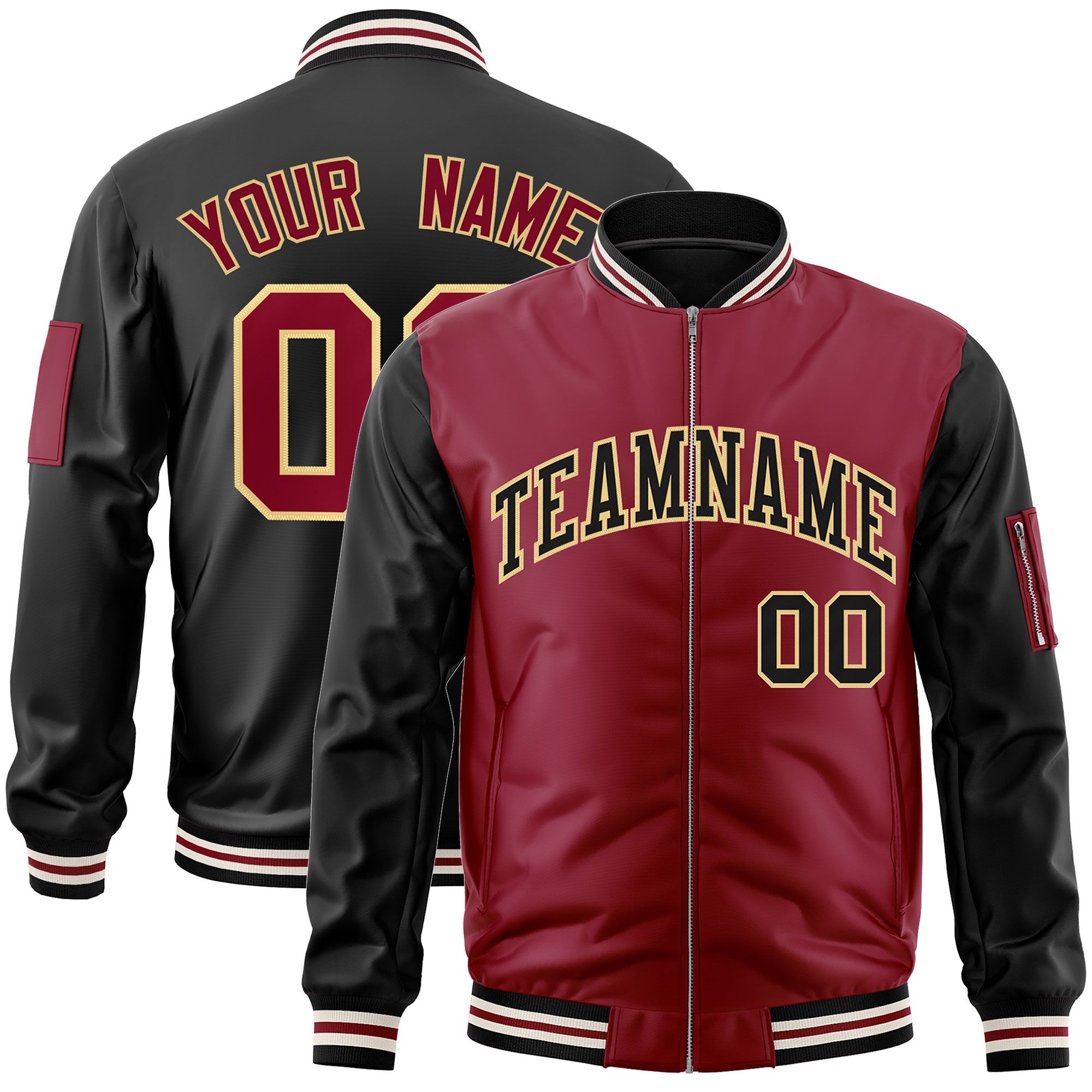 Custom Crimson Black Varsity Full-Zip Two-Tone Letterman Bomber Jacket