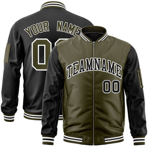 Custom Olive Black Varsity Full-Zip Two-Tone Letterman Bomber Jacket