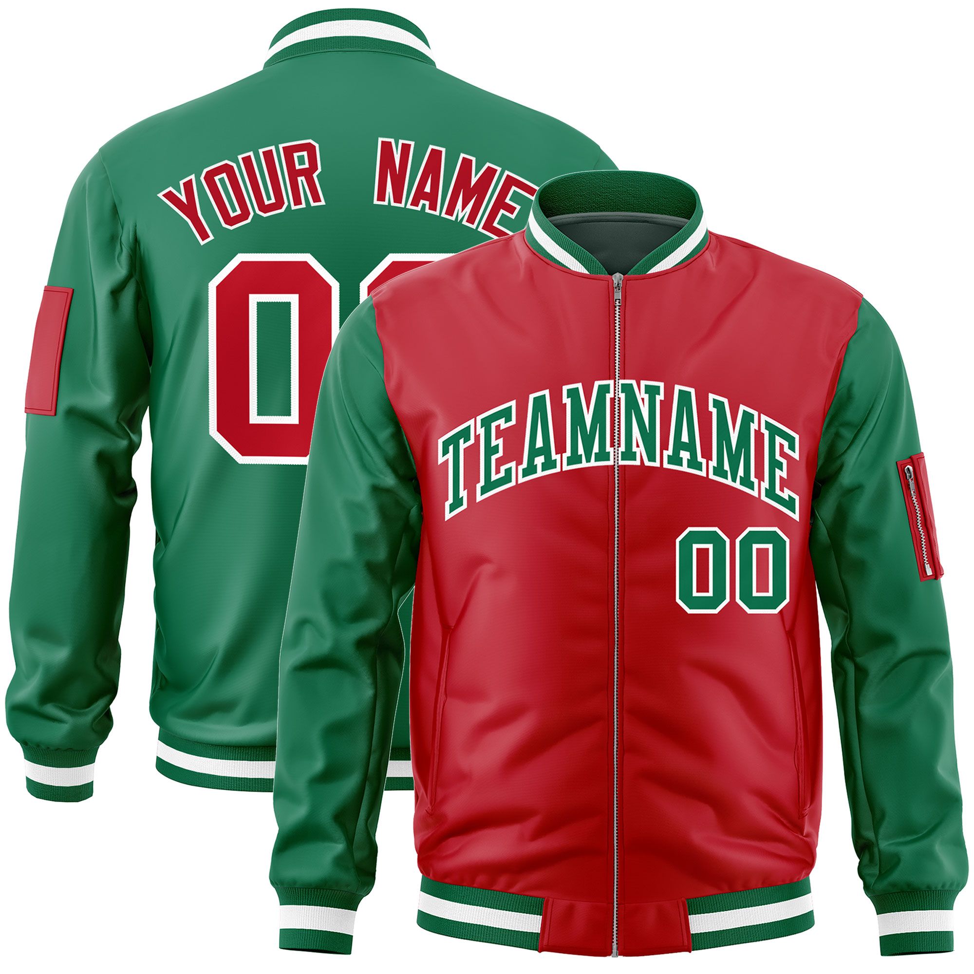 Custom Red Kelly Green Varsity Full-Zip Two-Tone Letterman Bomber Jacket