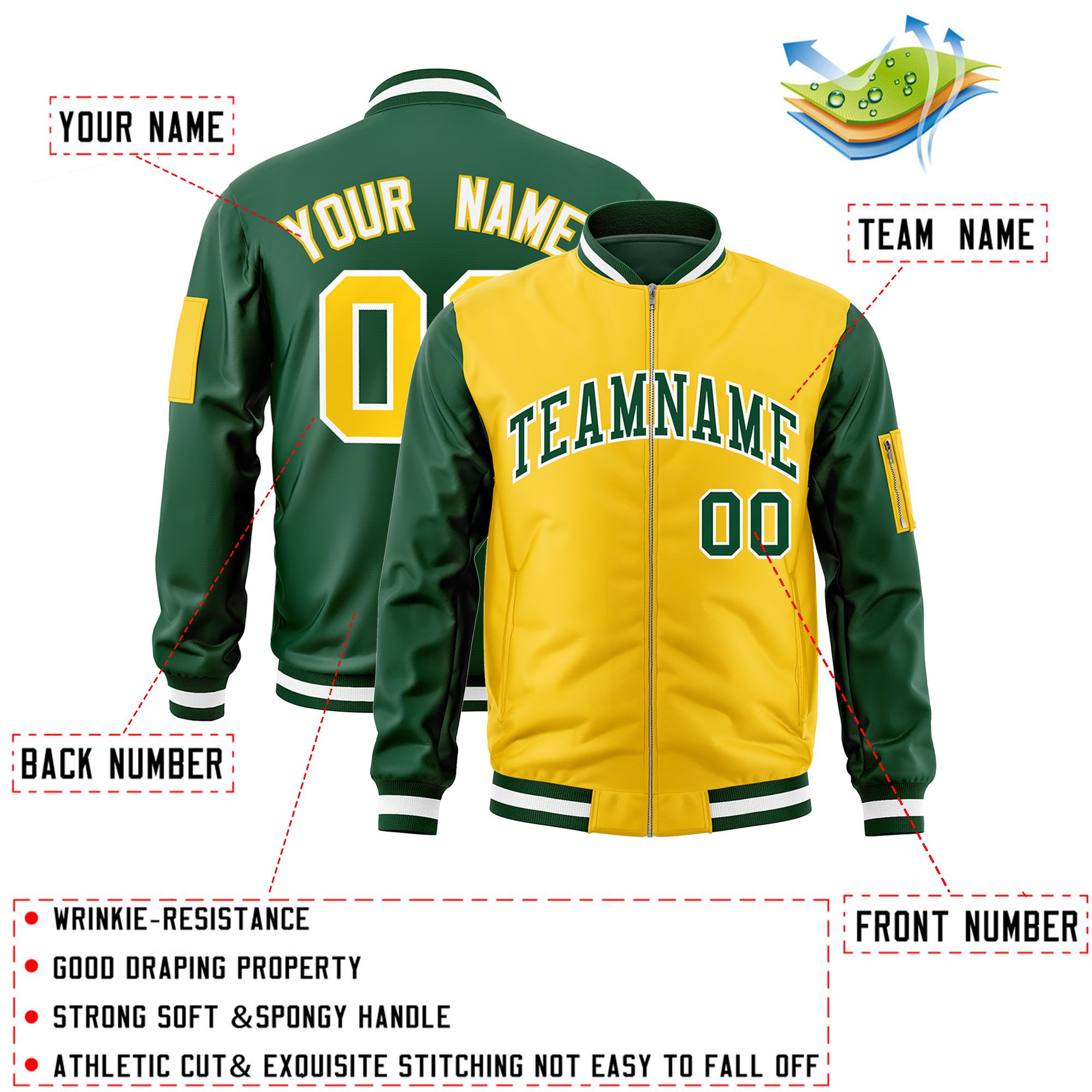 Custom Gold Green Varsity Full-Zip Two-Tone Letterman Bomber Jacket