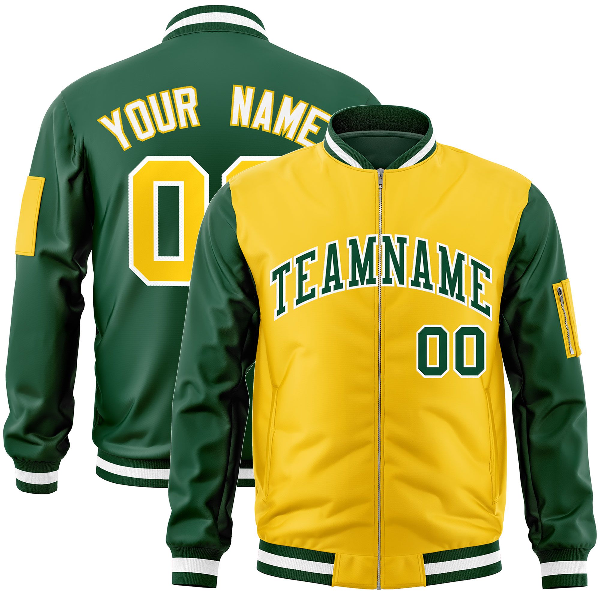 Custom Gold Green Varsity Full-Zip Two-Tone Letterman Bomber Jacket