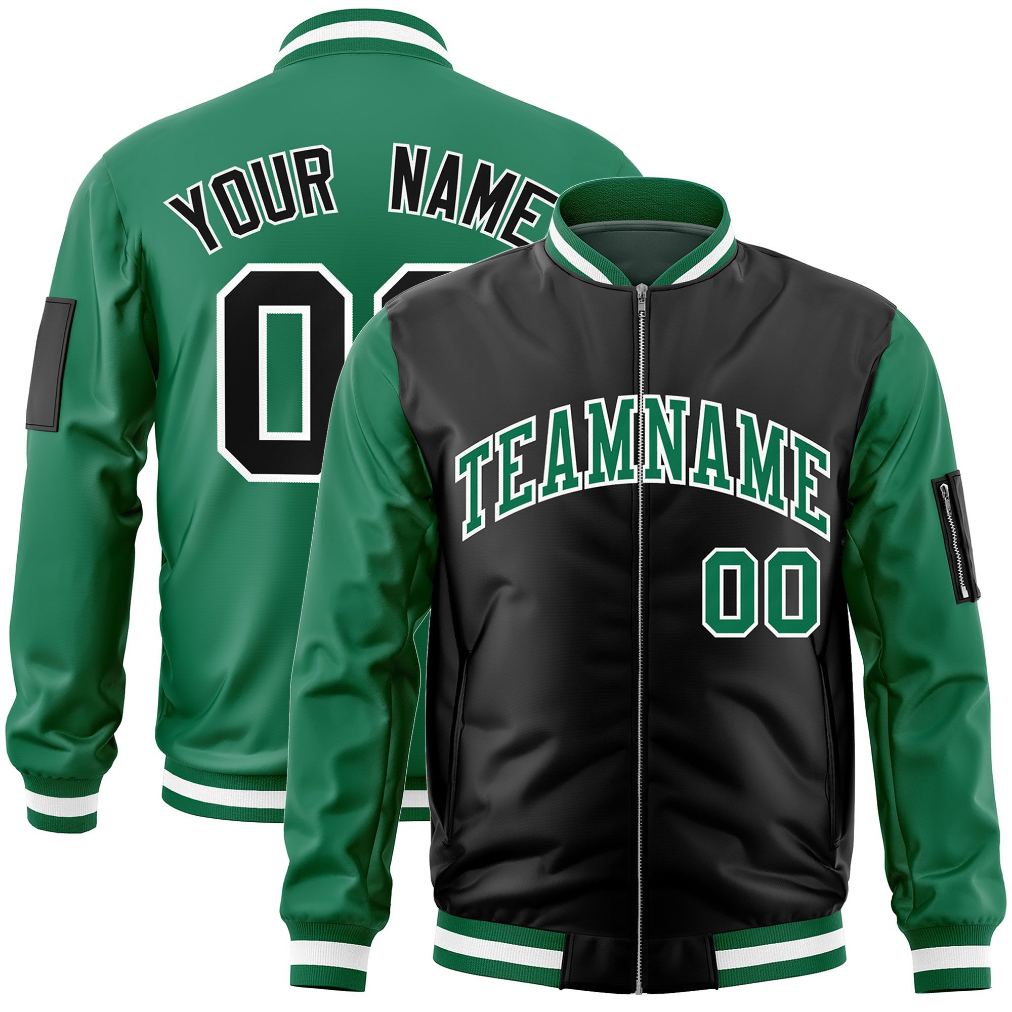 Custom Black Kelly Green Varsity Full-Zip Two-Tone Letterman Bomber Jacket