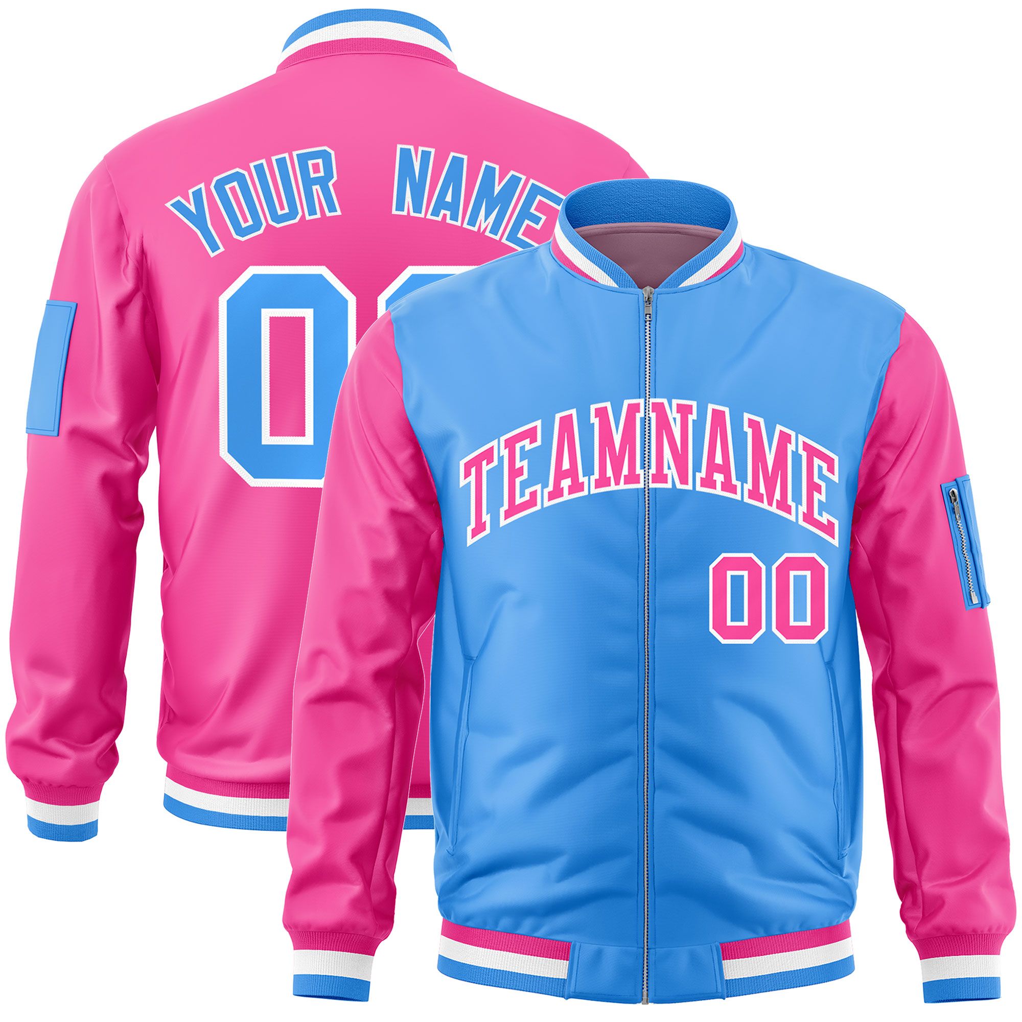 Custom Powder Blue Pink Varsity Full-Zip Two-Tone Letterman Bomber Jacket