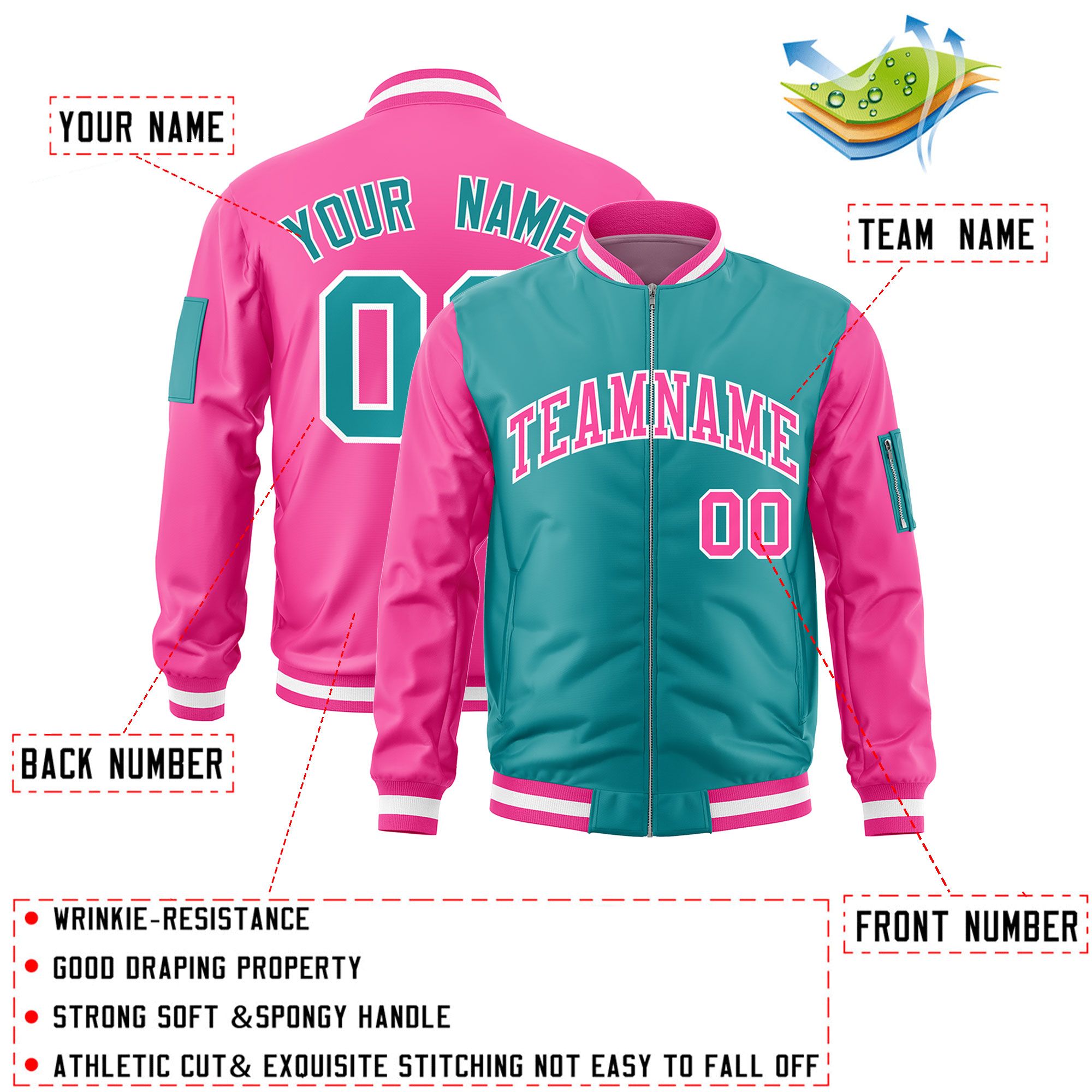 Custom Aqua Pink Varsity Full-Zip Two-Tone Letterman Bomber Jacket