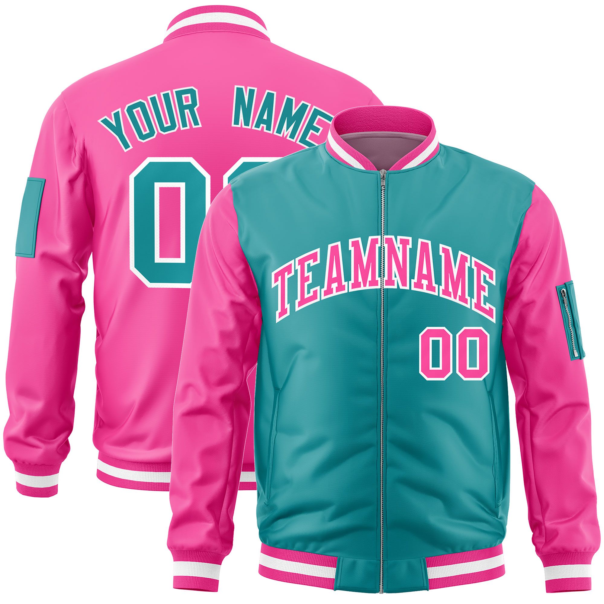 Custom Aqua Pink Varsity Full-Zip Two-Tone Letterman Bomber Jacket