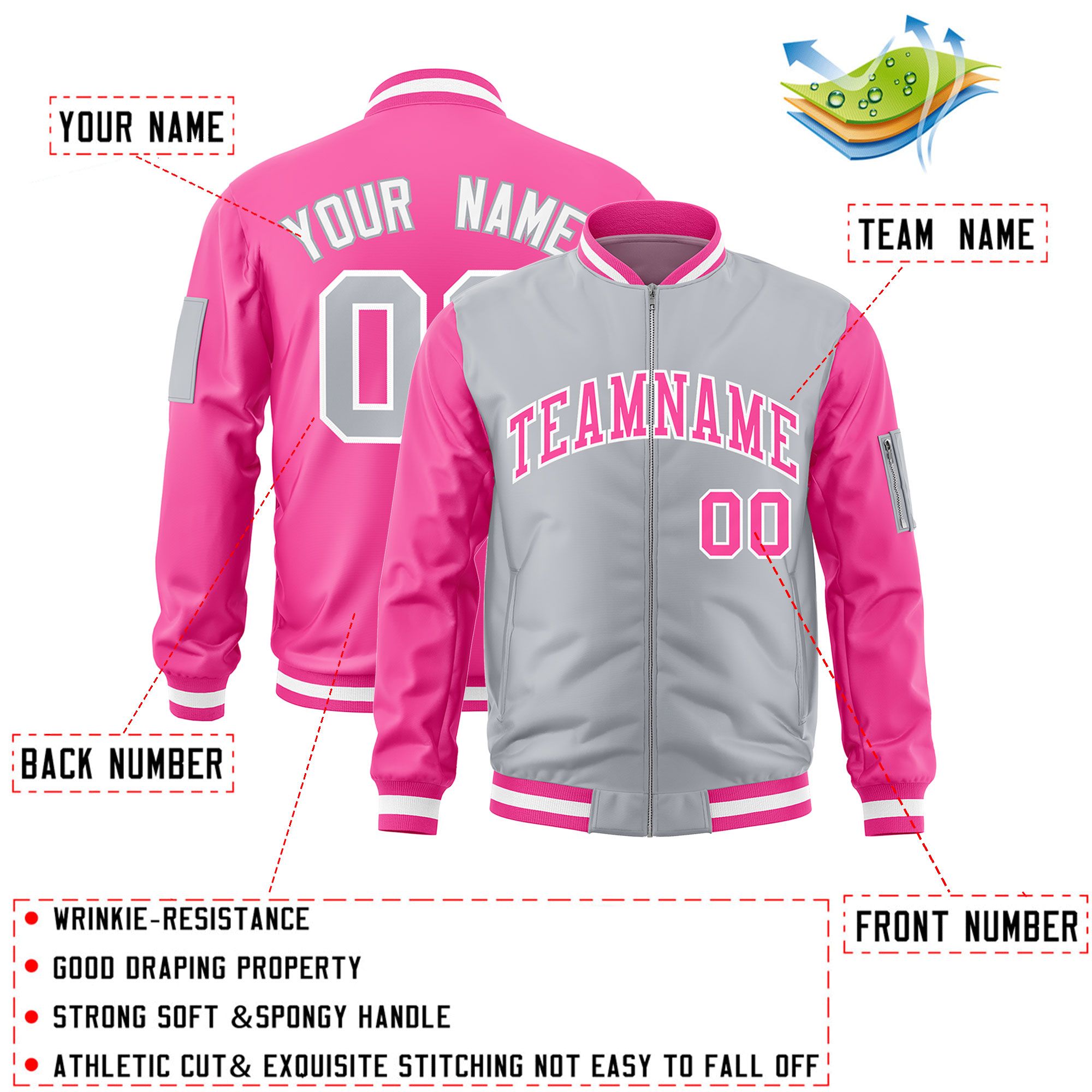 Custom Gray Pink Varsity Full-Zip Two-Tone Letterman Bomber Jacket