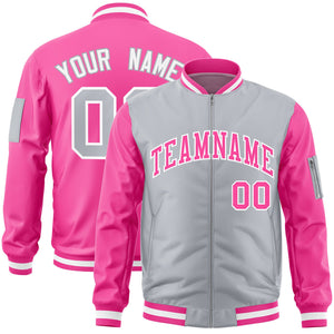 Custom Gray Pink Varsity Full-Zip Two-Tone Letterman Bomber Jacket