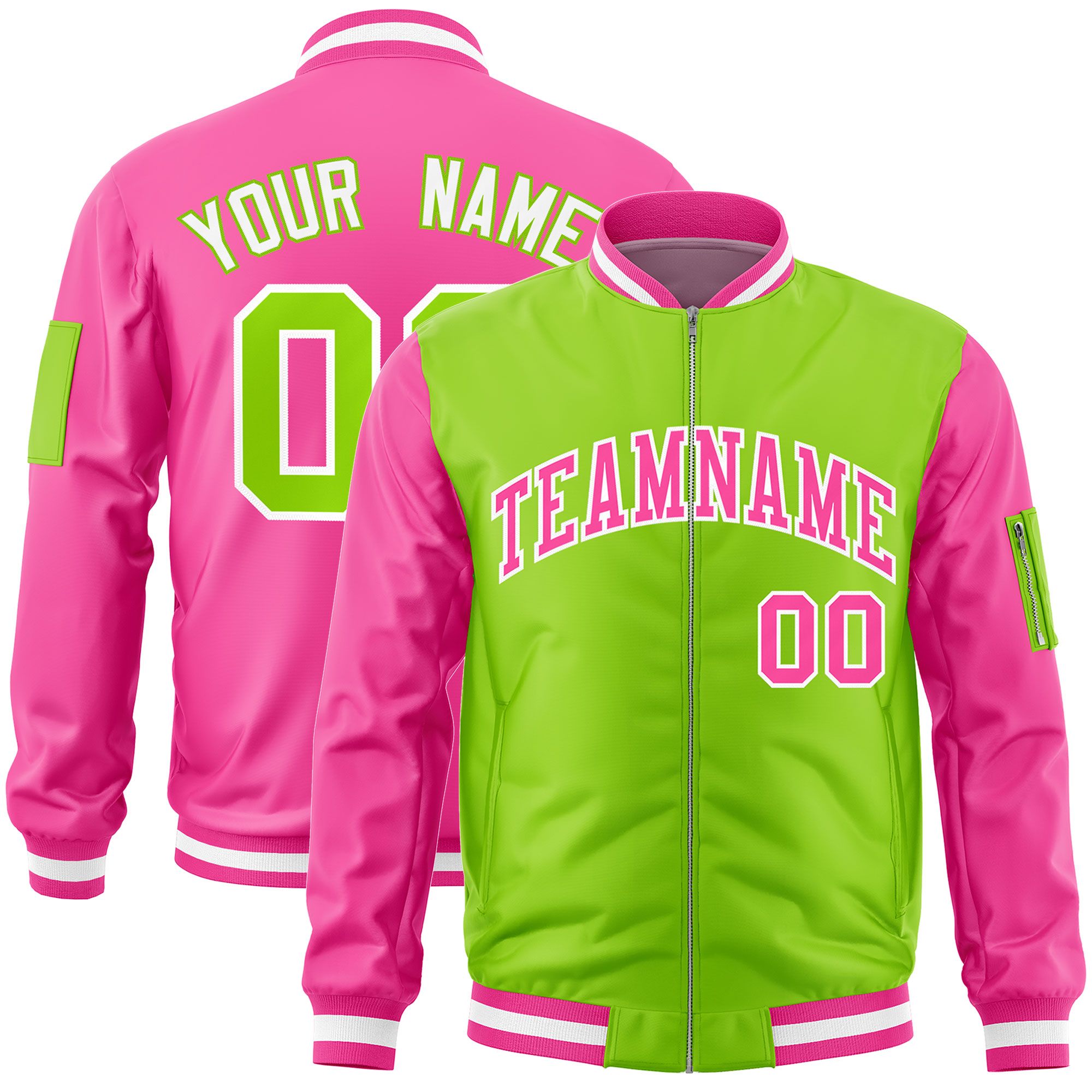 Custom Neon Green Pink Varsity Full-Zip Two-Tone Letterman Bomber Jacket