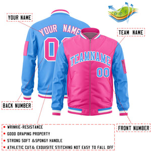 Custom Pink Powder Blue Varsity Full-Zip Two-Tone Letterman Bomber Jacket