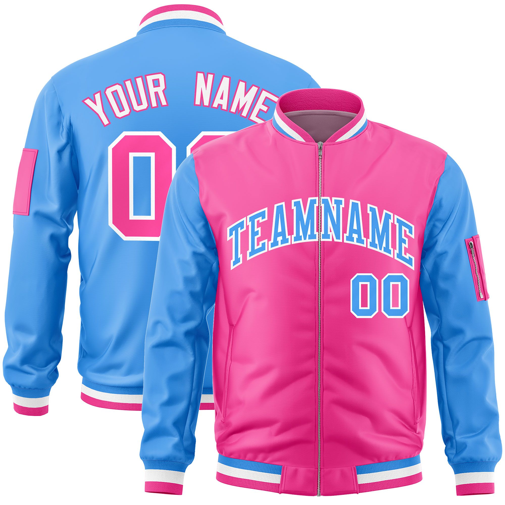 Custom Pink Powder Blue Varsity Full-Zip Two-Tone Letterman Bomber Jacket