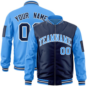 Custom Navy Powder Blue Varsity Full-Zip Two-Tone Letterman Bomber Jacket