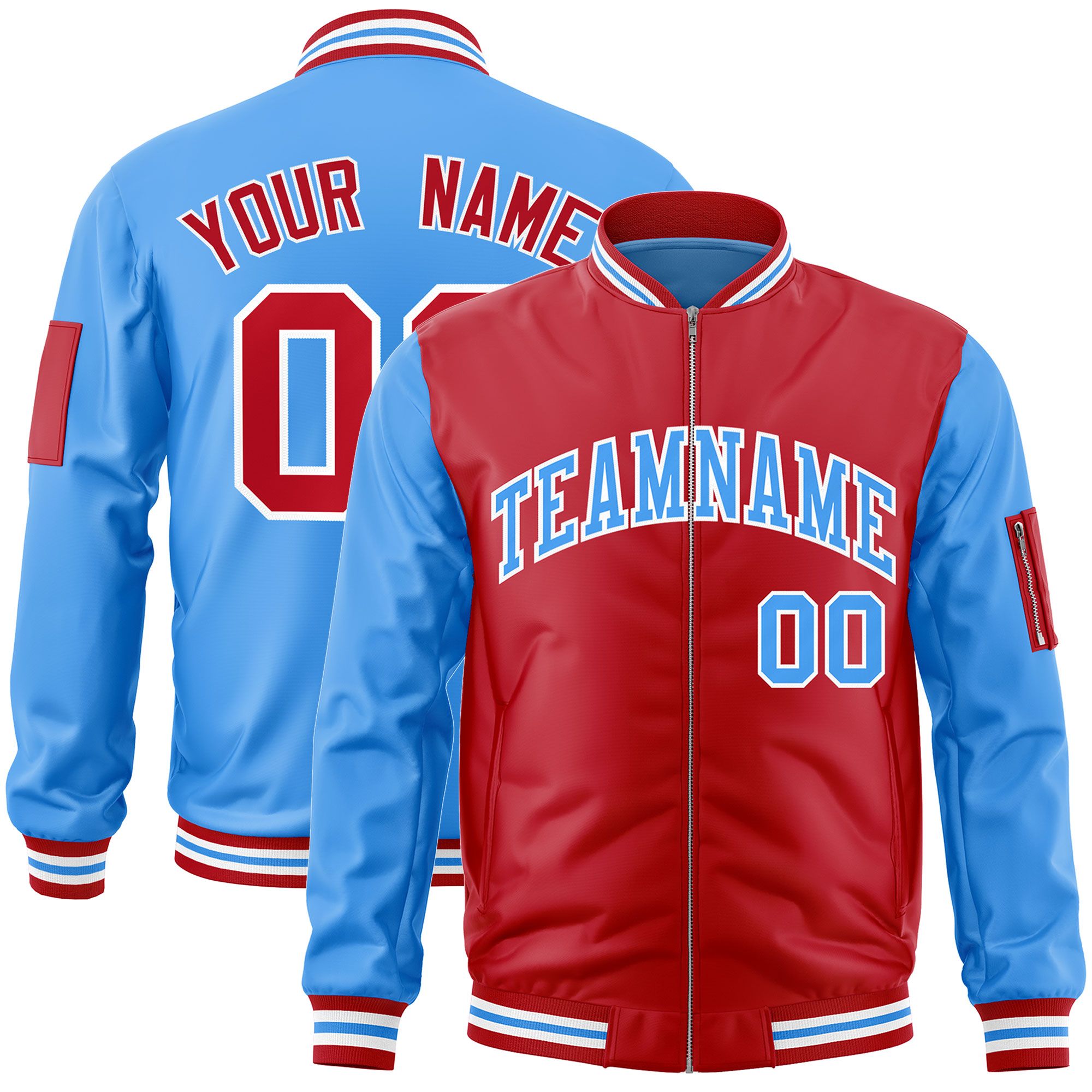 Custom Red Powder Blue Varsity Full-Zip Two-Tone Letterman Bomber Jacket