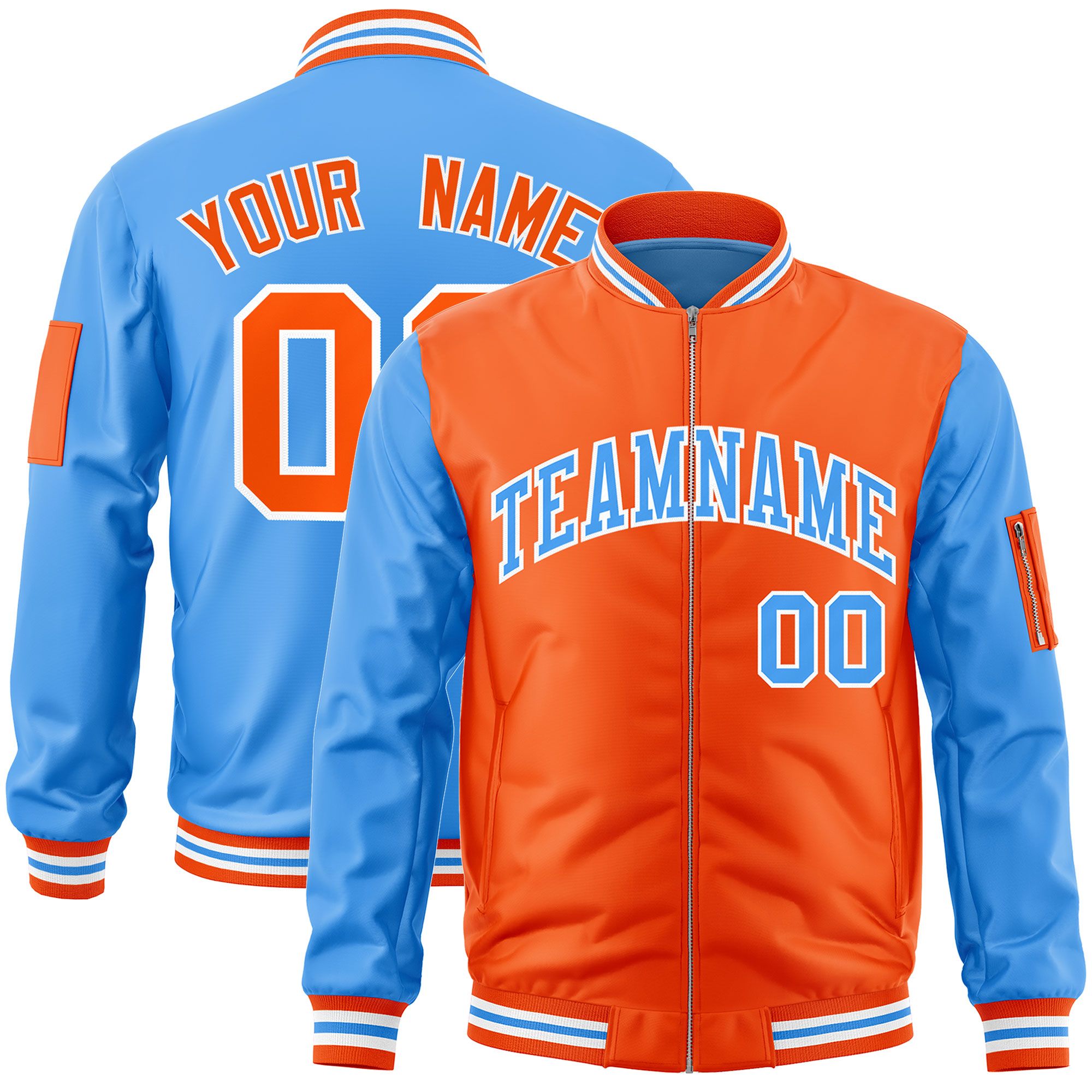 Custom Orange Powder Blue Varsity Full-Zip Two-Tone Letterman Bomber Jacket