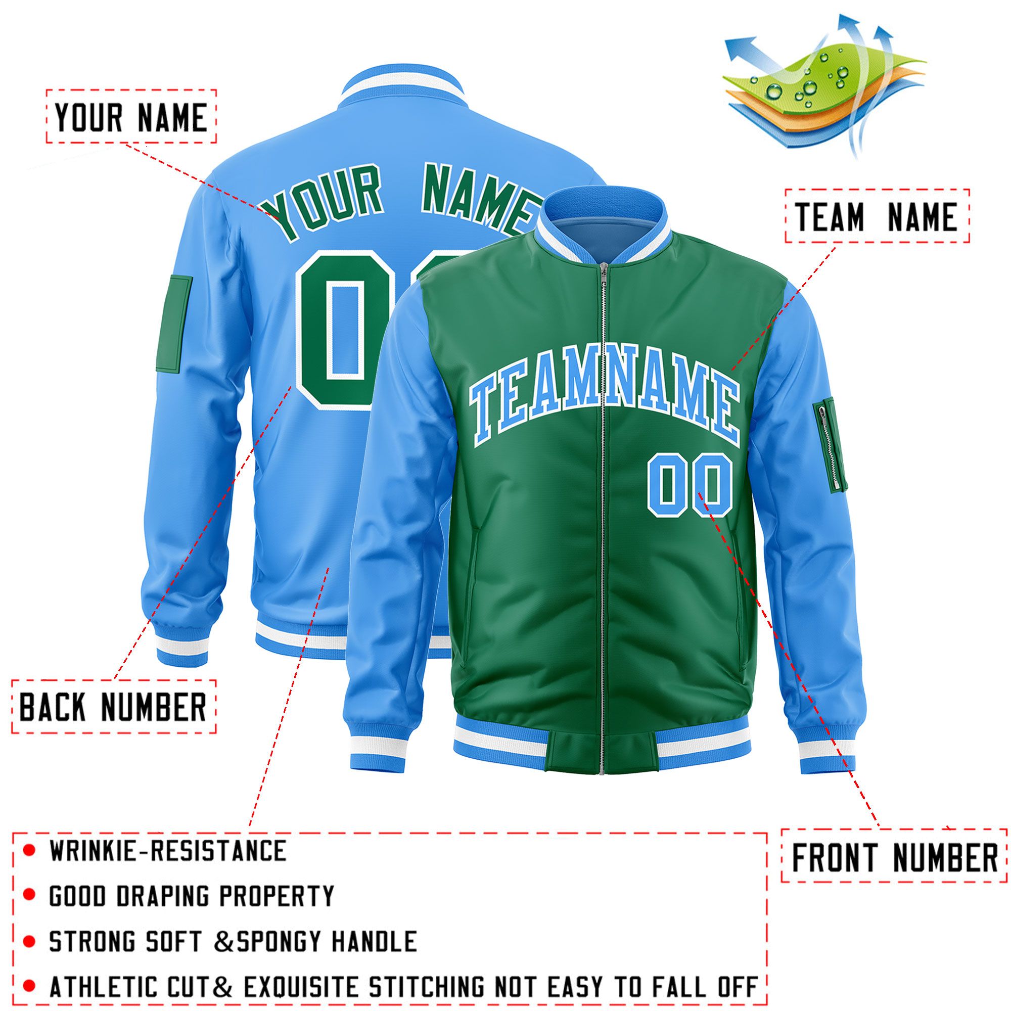 Custom Kelly Green Powder Blue Varsity Full-Zip Two-Tone Letterman Bomber Jacket