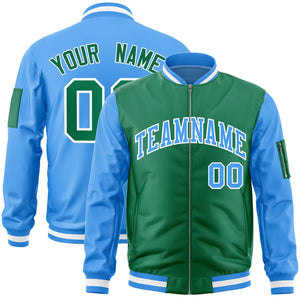 Custom Kelly Green Powder Blue Varsity Full-Zip Two-Tone Letterman Bomber Jacket