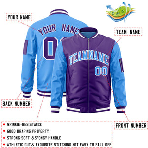 Custom Purple Powder Blue Varsity Full-Zip Two-Tone Letterman Bomber Jacket