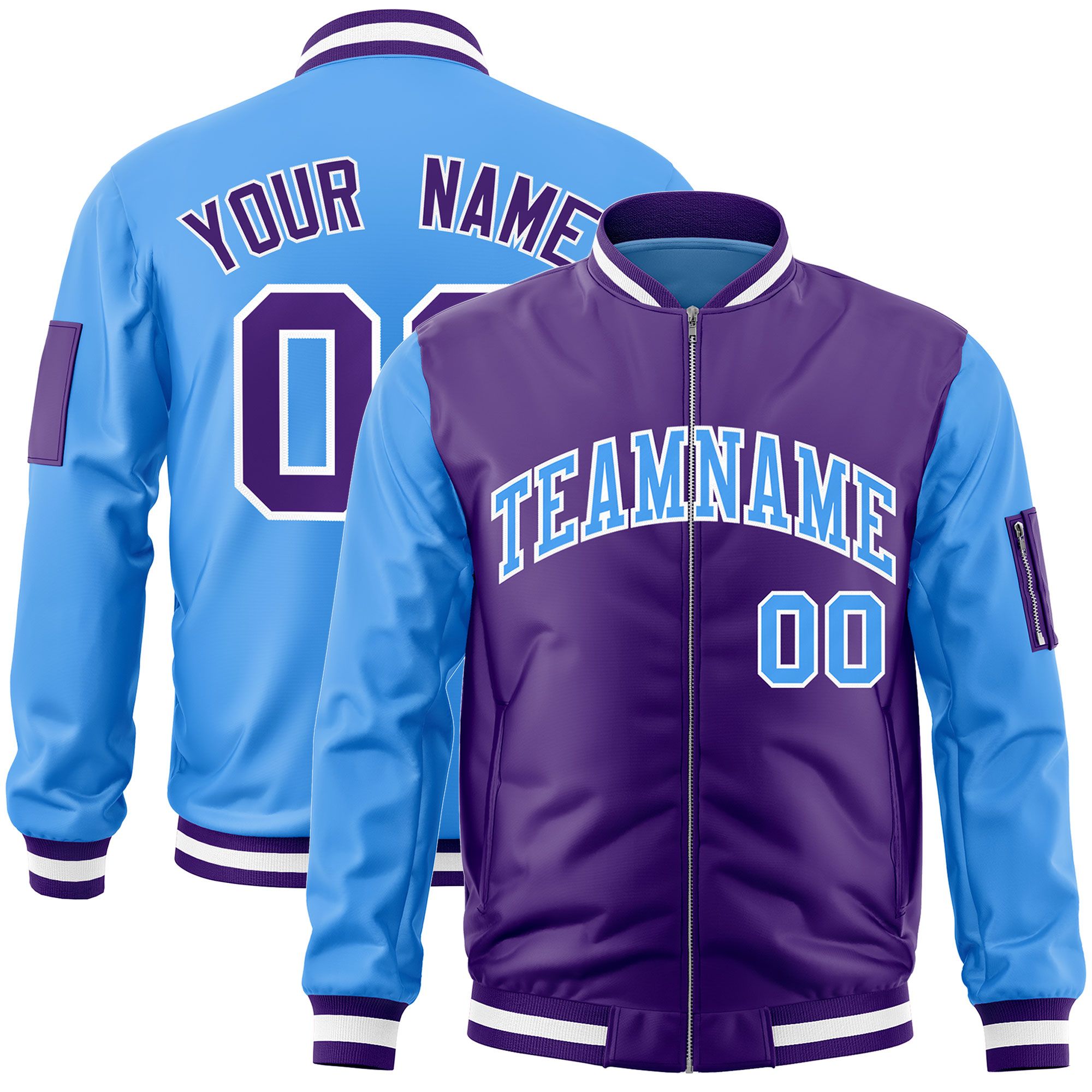 Custom Purple Powder Blue Varsity Full-Zip Two-Tone Letterman Bomber Jacket