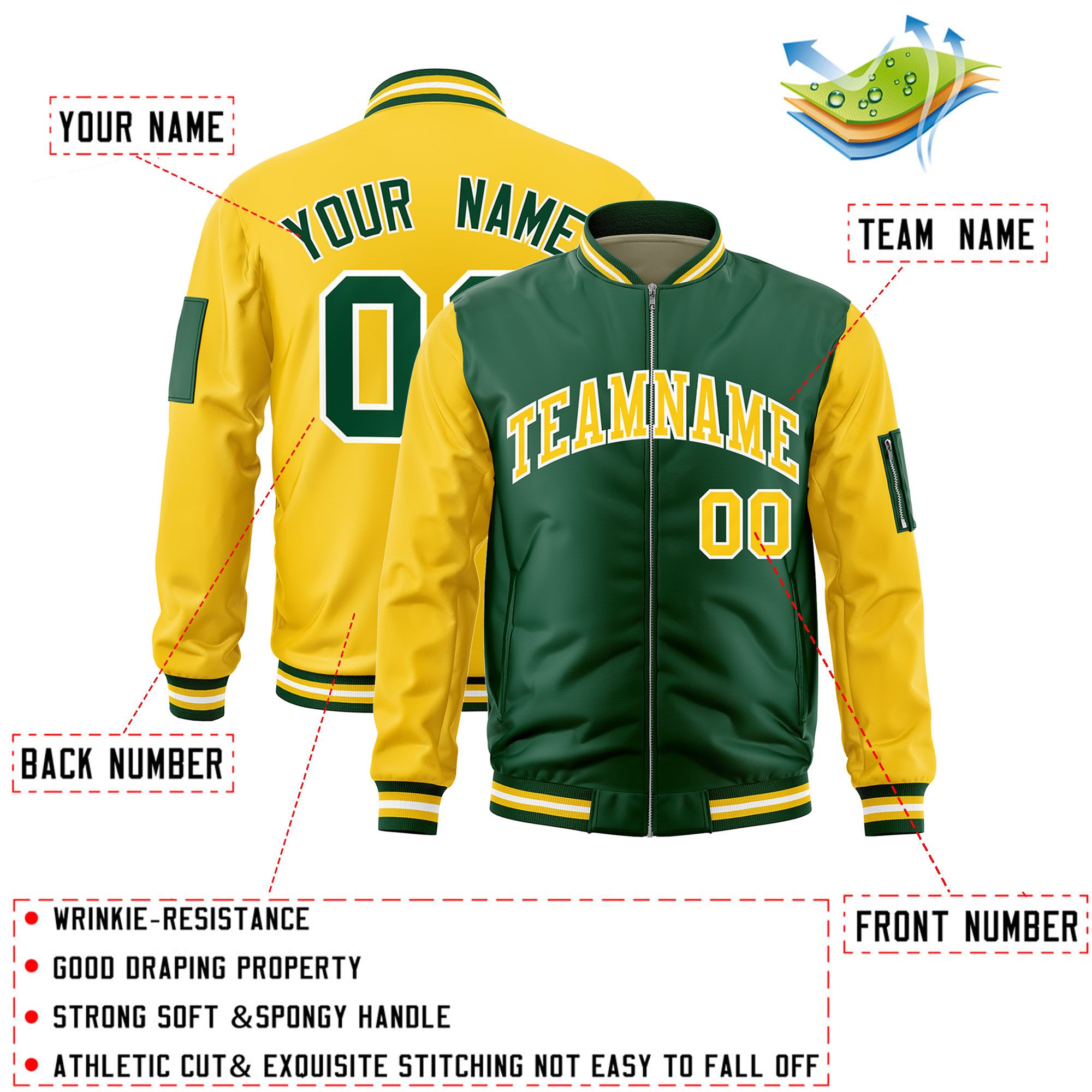 Custom Green Gold Varsity Full-Zip Two-Tone Letterman Bomber Jacket