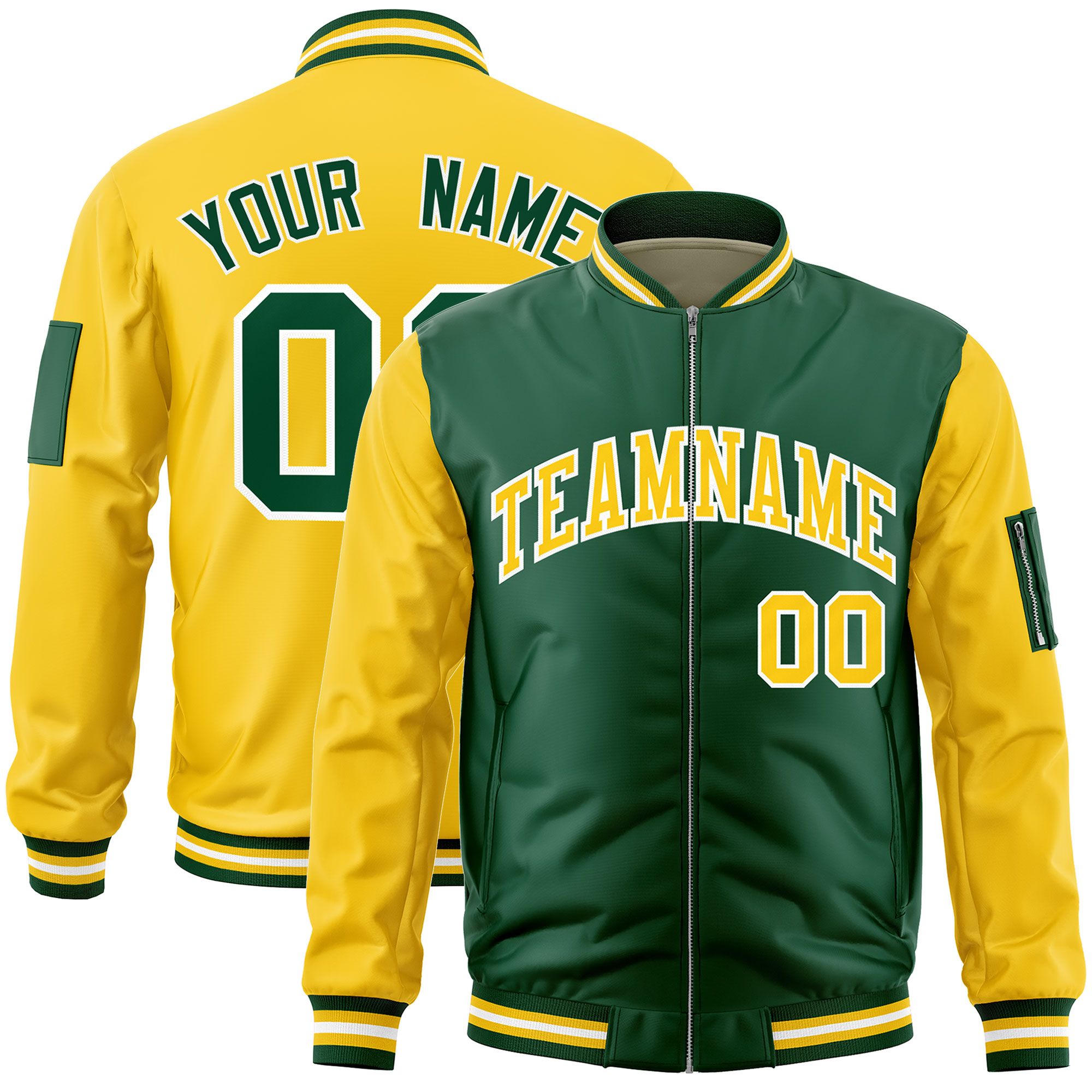 Custom Green Gold Varsity Full-Zip Two-Tone Letterman Bomber Jacket