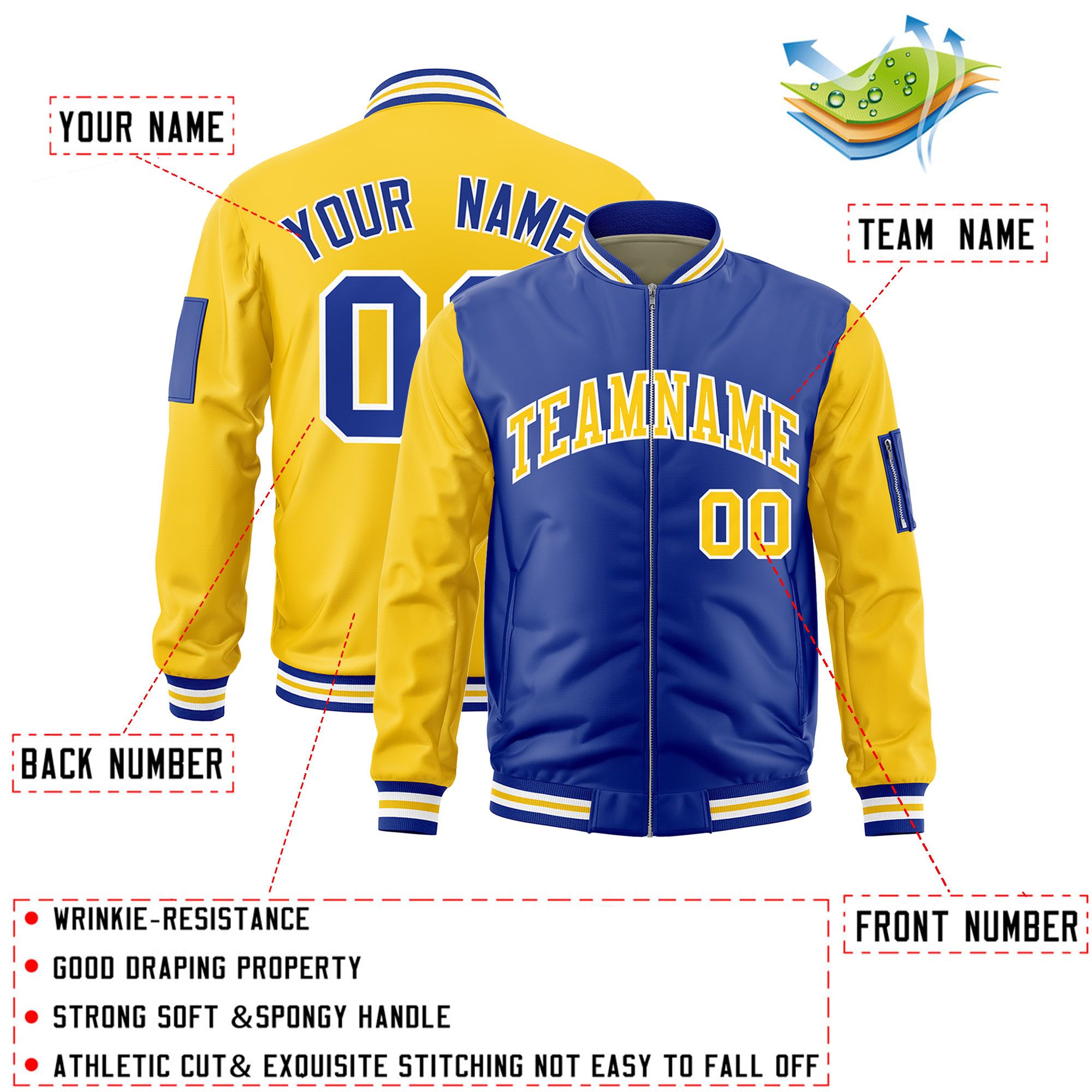 Custom Royal Gold Varsity Full-Zip Two-Tone Letterman Bomber Jacket